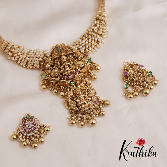 Premium Antique Nagas Lakshmi Necklace With Two Interchangeable Pendants With Golden Bead Drops NC2597