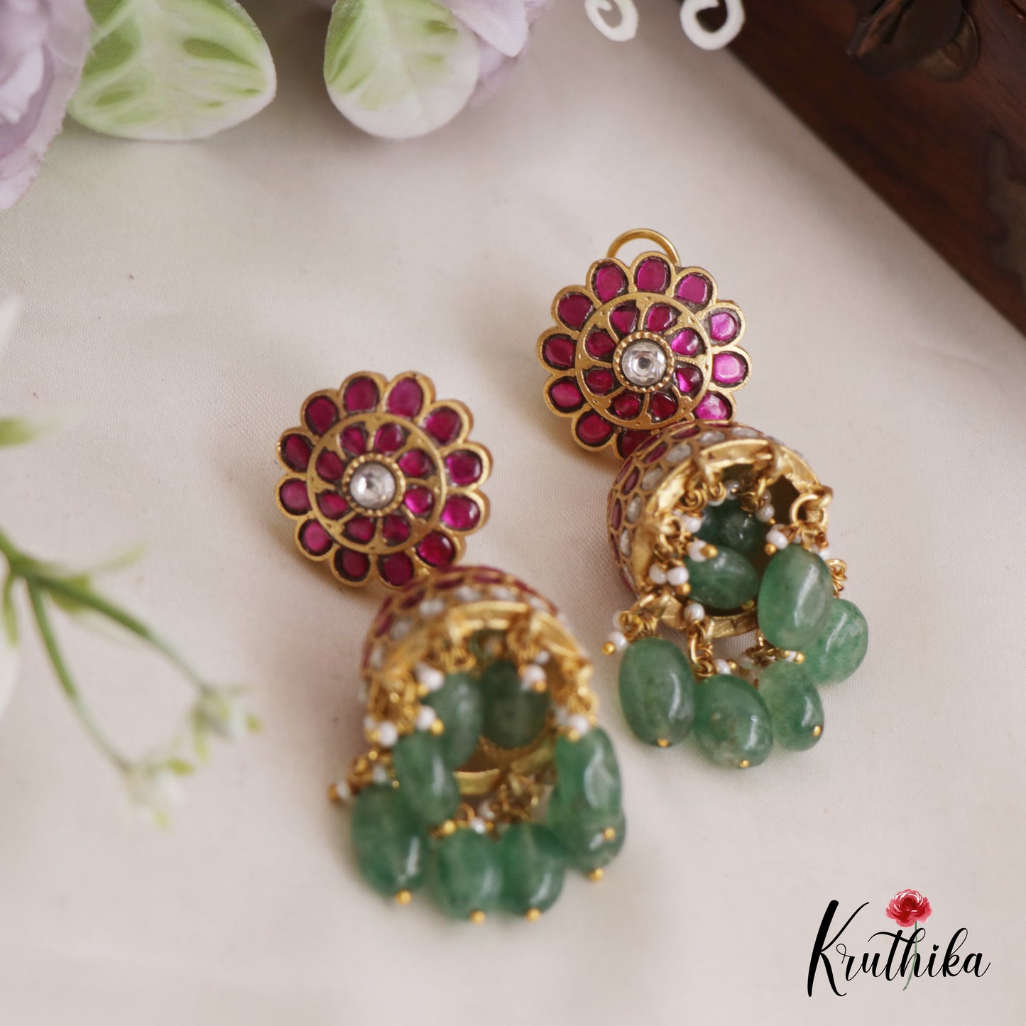 Premium Floral Motifs Jhumka Jadau Earrings With Pearl And Bead Drops E850
