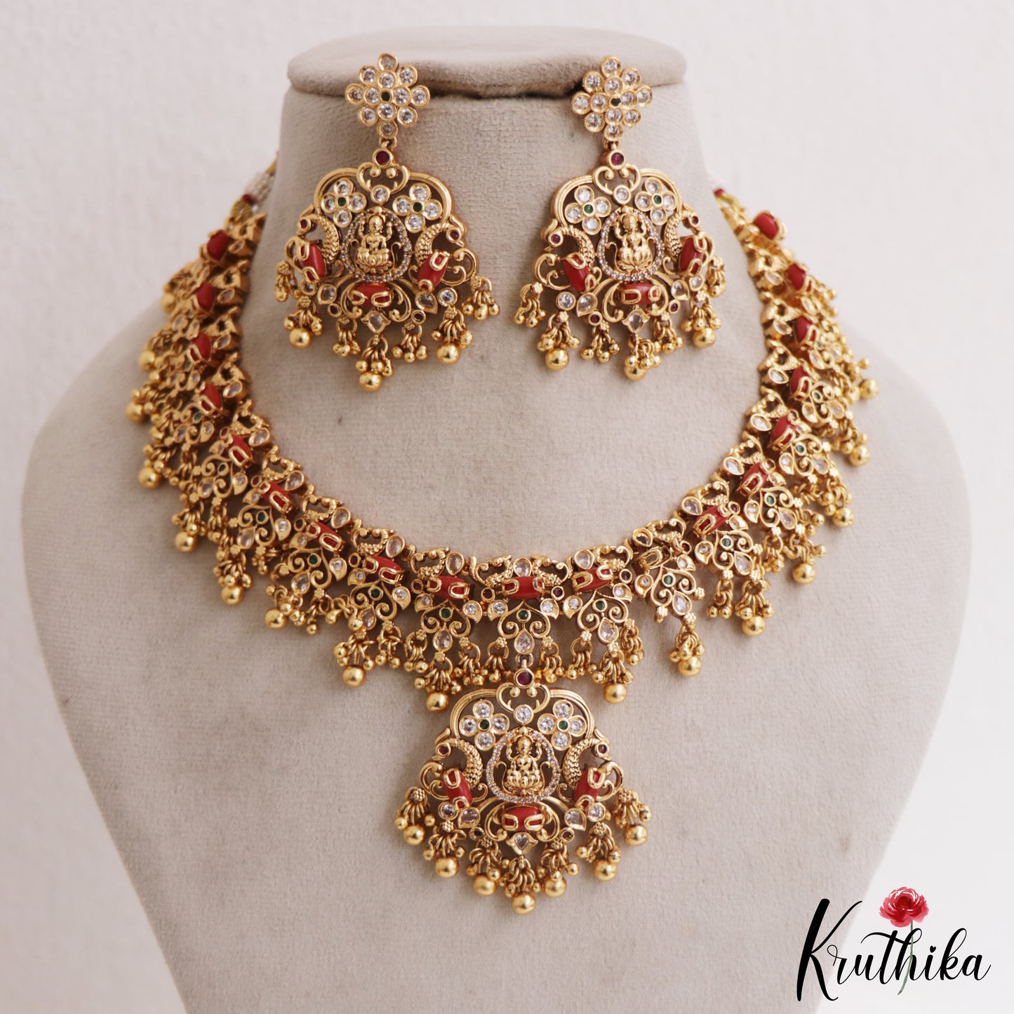 Premium Antique Lakshmi Peacock Motifs AD Coral Choker NC2842