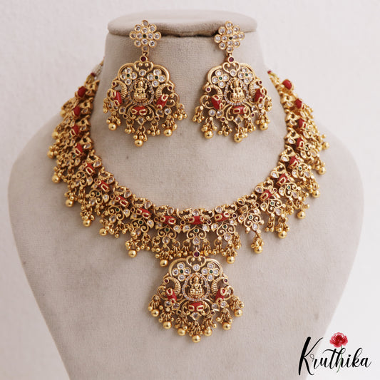 Premium Antique Lakshmi Peacock Motifs AD Coral Choker NC2842