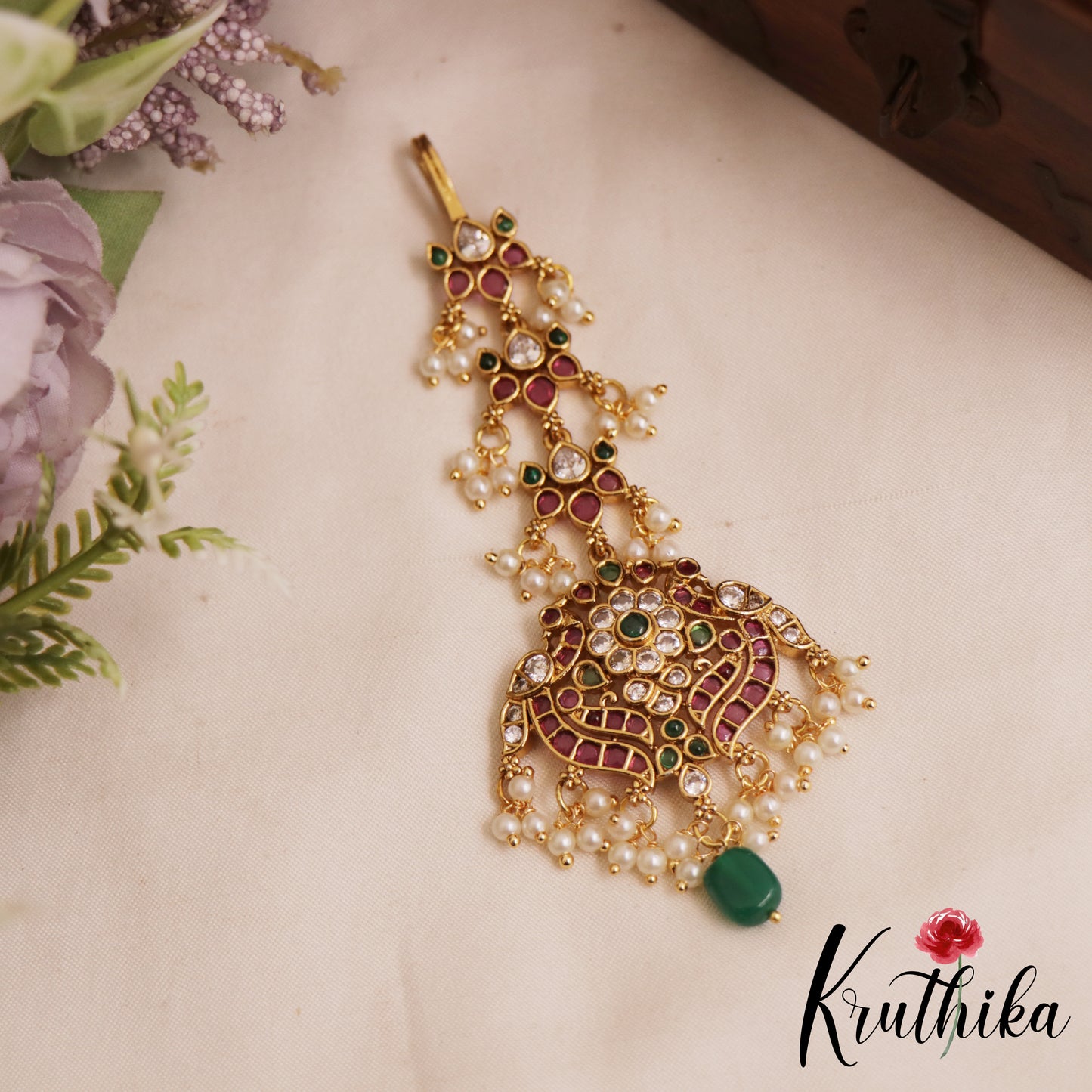 Elegant Floral Peacock Motifs Kemp Maang Tikka With Bead And Pearl Drops MT381