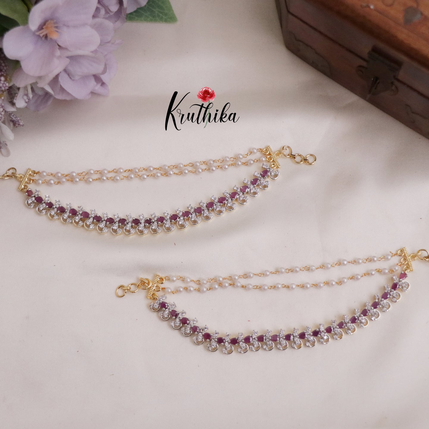 Pretty CZ Sparkling Floral Three Layer Earchains EC116 (Available in 2 Colors)