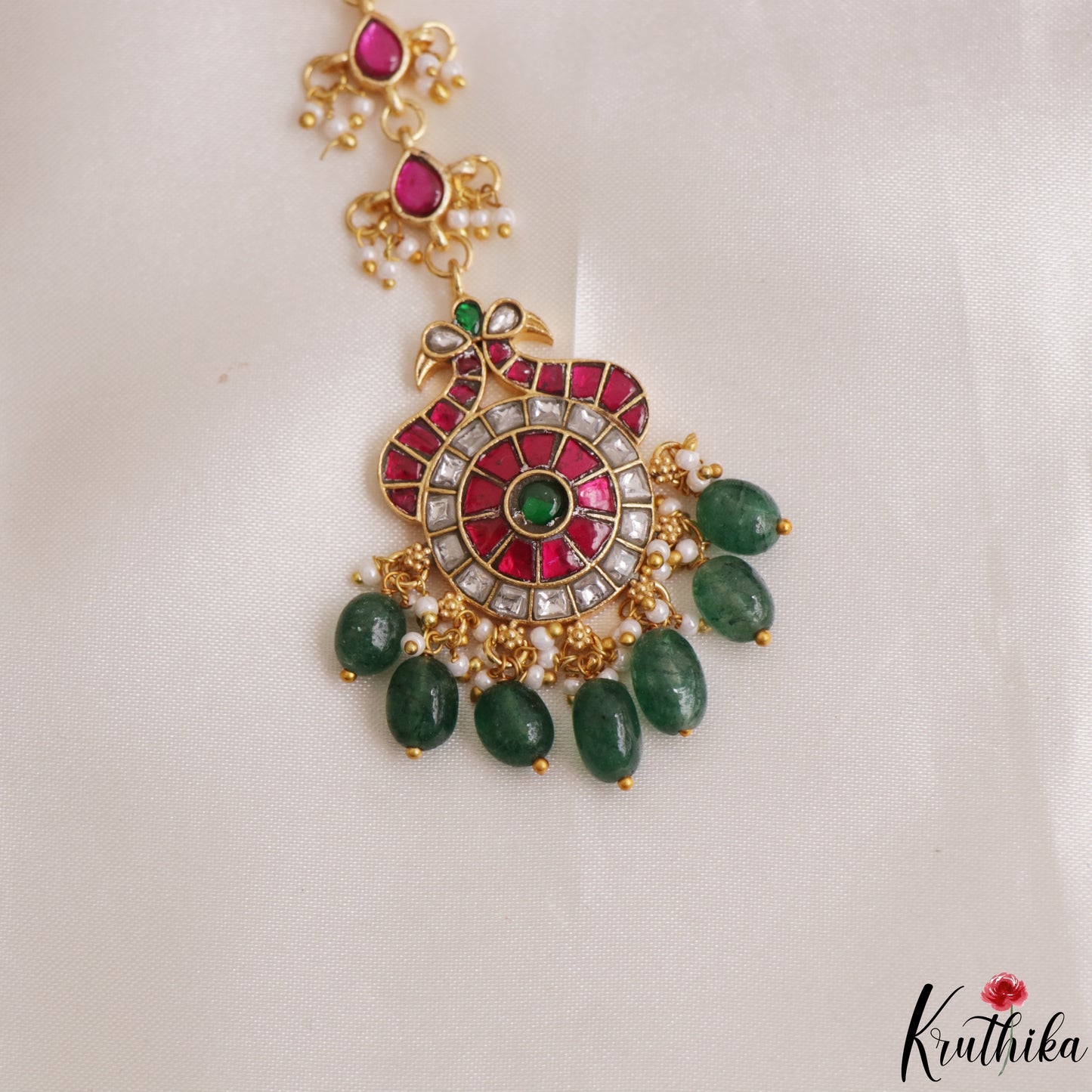 Classic Peacock Motifs Jadau Maang Tikka With Green Bead Drops MT389