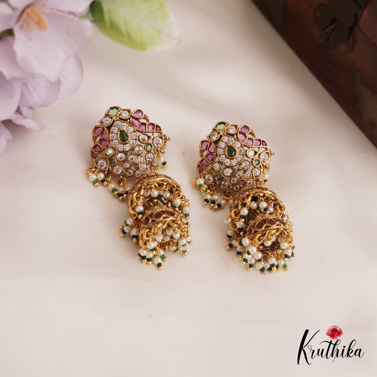 Beautiful AD Peacock Teardrop Motifs Jhumka With Bead Drops E994 (Available In 2 Colors)