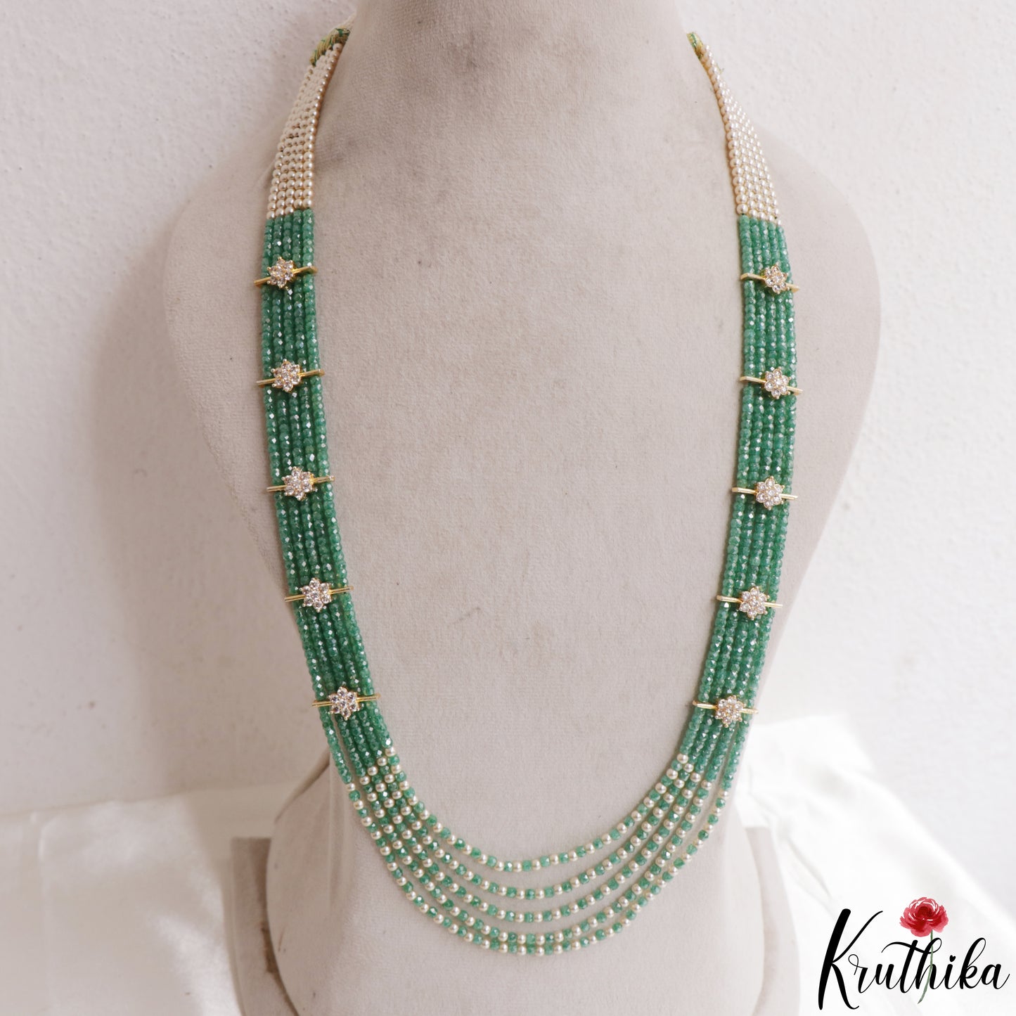 Sparkling Multi Layered crystal & Pearl statement Haaram with floral accents LH2081 (Available In 16 Colors)
