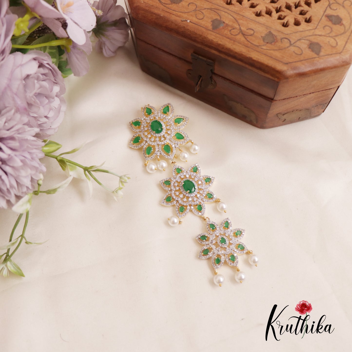 Classic CZ Flower Sparkling Jada Billa With Pearl Drops J268