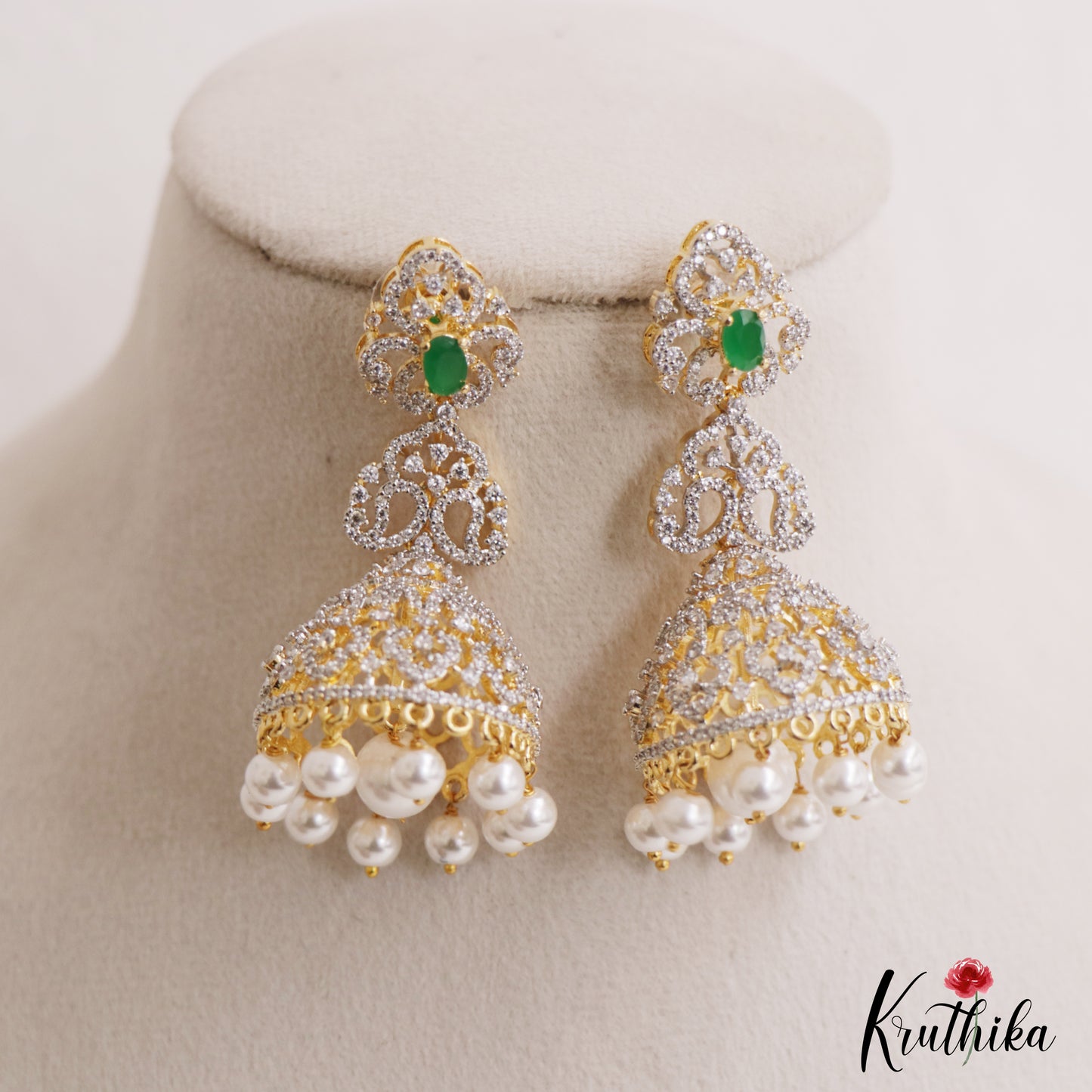 Classic Mango Motifs AD Jhumkas With Pearl Drops E1096  (Available In 3 Colors)