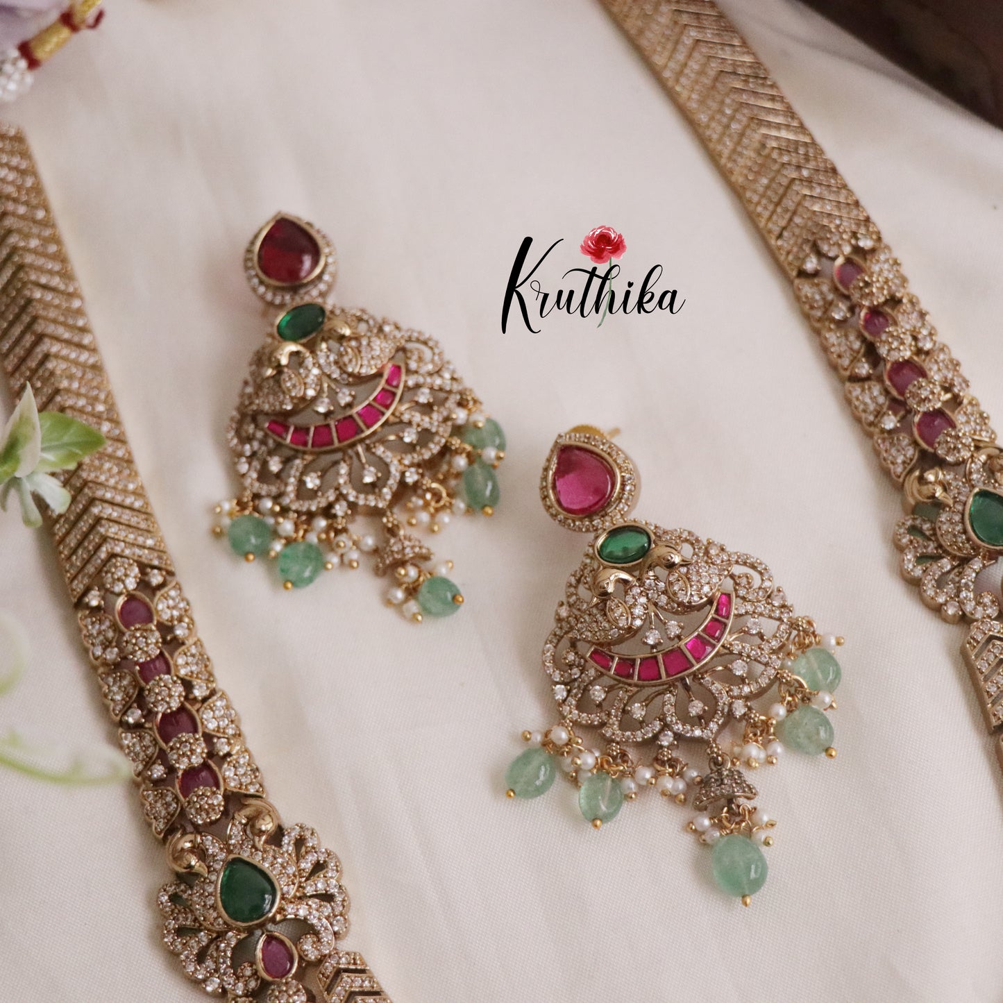 Royal Bridal Peacock Antique Jadau Haaram and Jhumka Drops LH1937 (Available in 2 Colours)