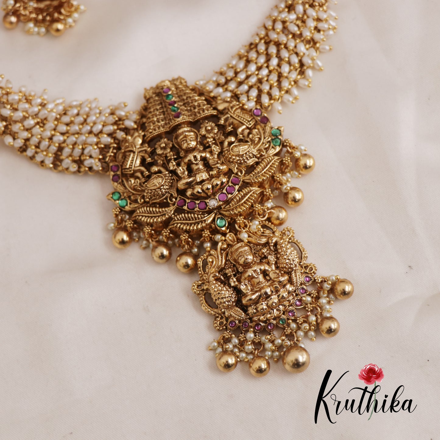 Premium Antique Nagas Lakshmi Necklace With Two Interchangeable Pendants With Golden Bead Drops NC2597