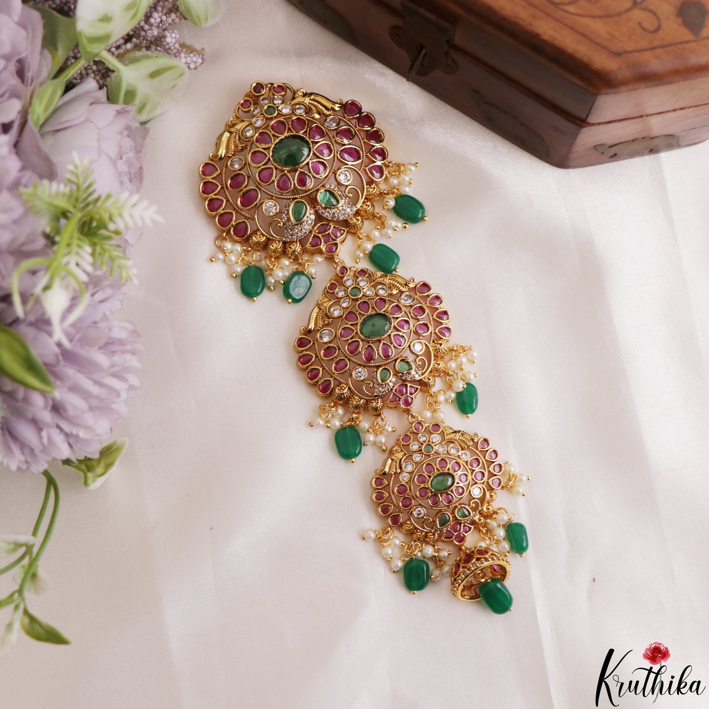 Premium Floral Motifs Kemp Jhumka Jada Billa With Green Bead Drops J434