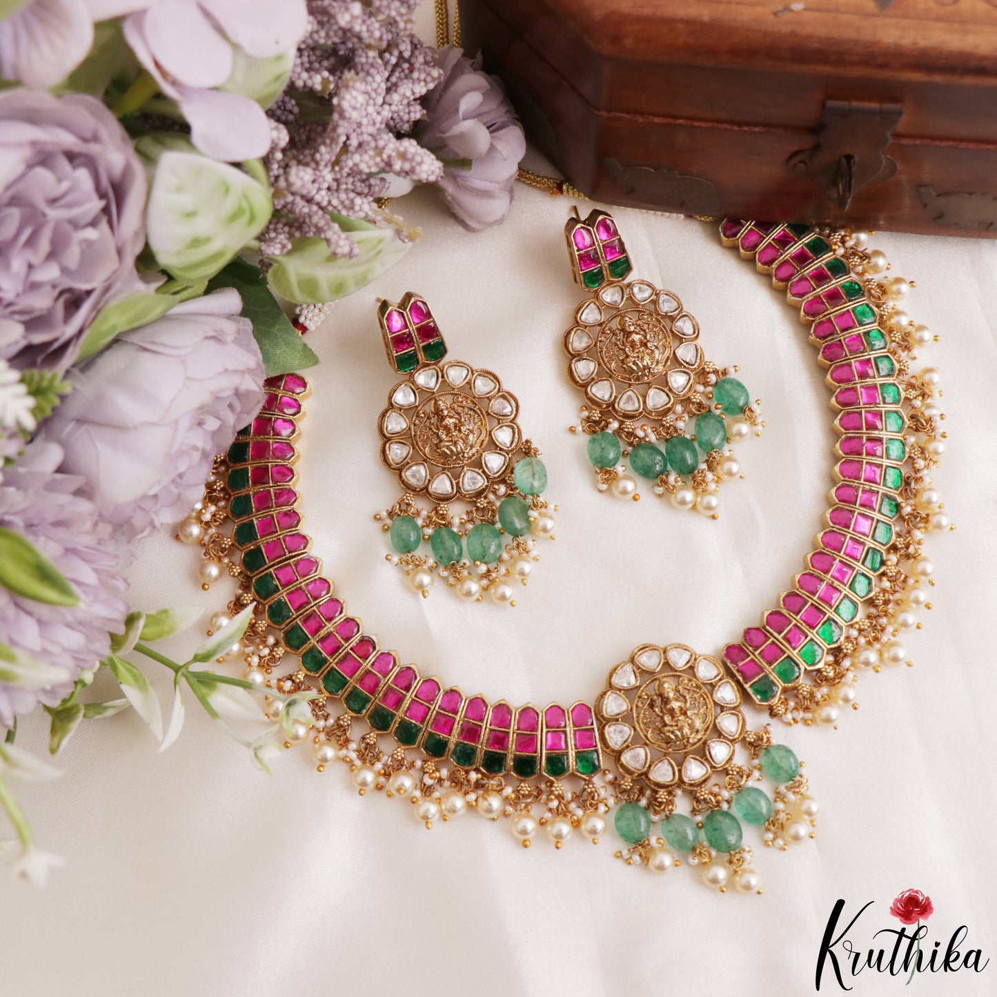 Grand Lakshmi Motifs Polki Jadau Choker With Pear Bead Drops NC3220