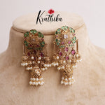Trendy Emerald Ruby Chandrika Jhumkas with Pearl Drops E624