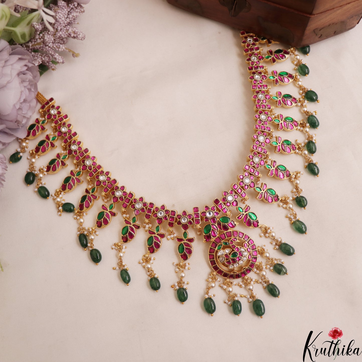 Stunning Floral Peacock Motifs Jadau Necklace With Green Bead Drops NC3016