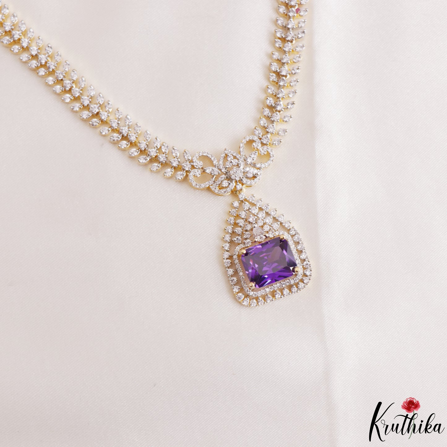 Pretty Floral Geometric Motifs CZ Victorian Necklace NC3265 (Available In 3 Colors)