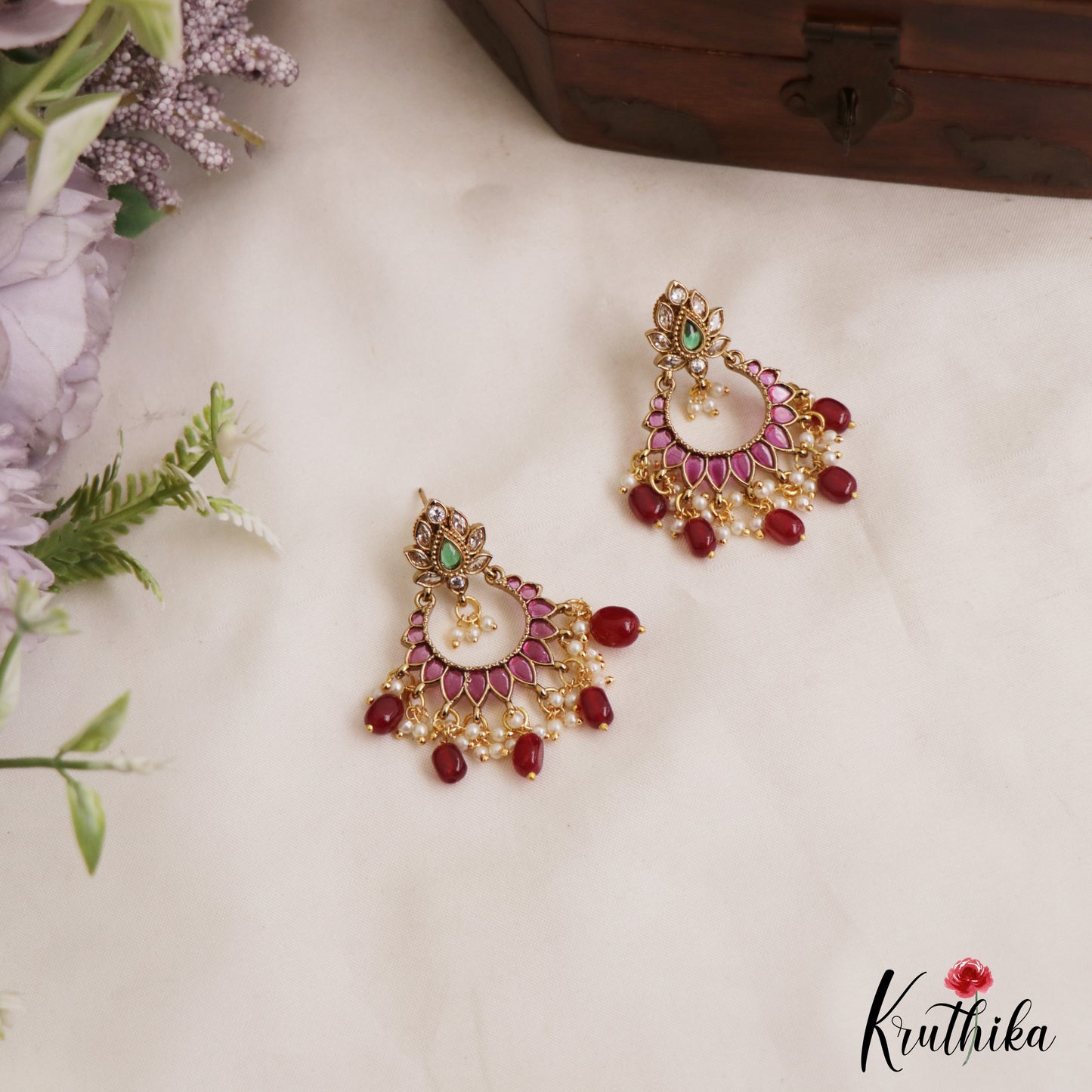 Pretty Floral Motifs Chandbali Earrings With Bead Drops E1092 (Available In 2 Colors)