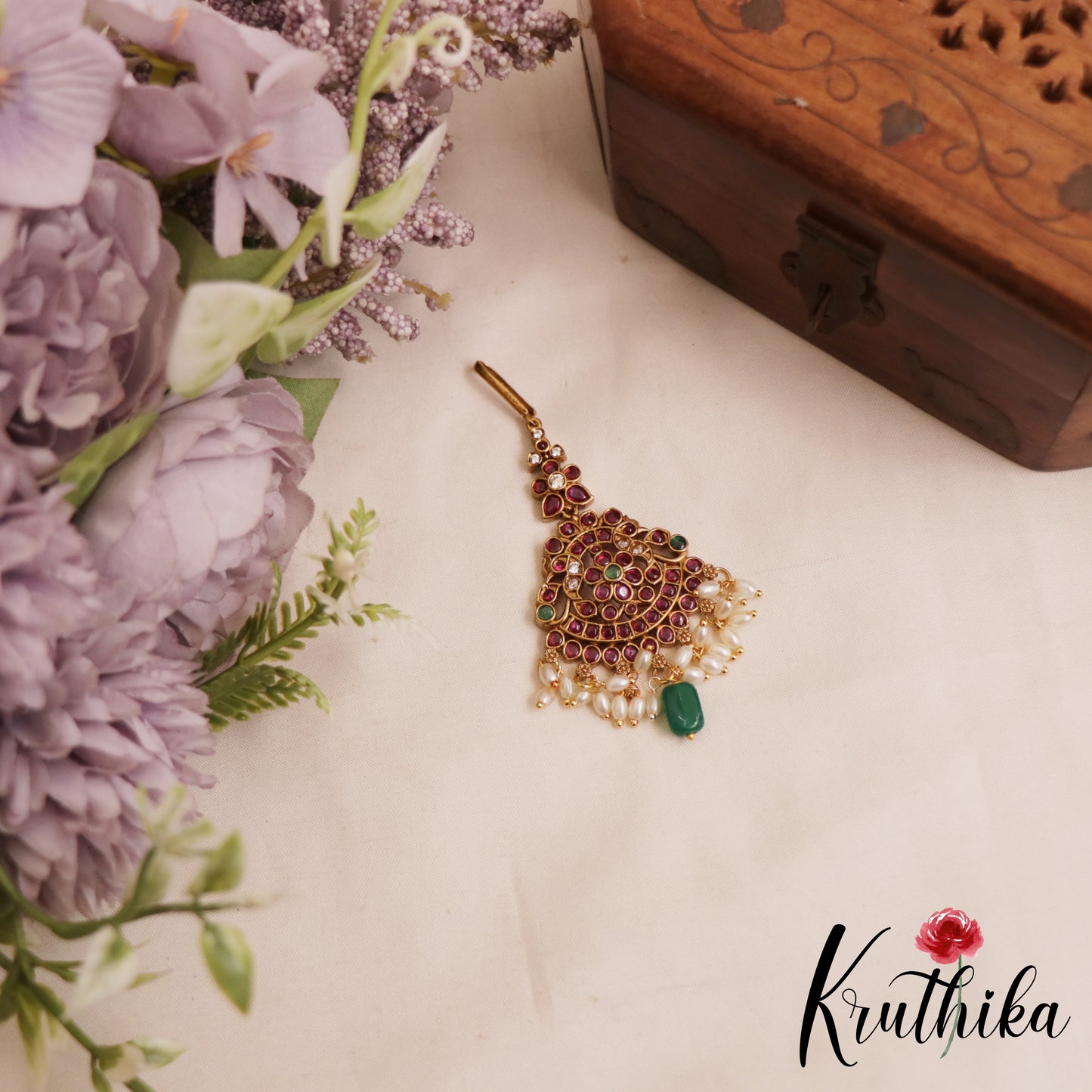 Trendy Floral Peacock Motifs Kemp Maang Tikka With Bead And Pearl Drops MT382