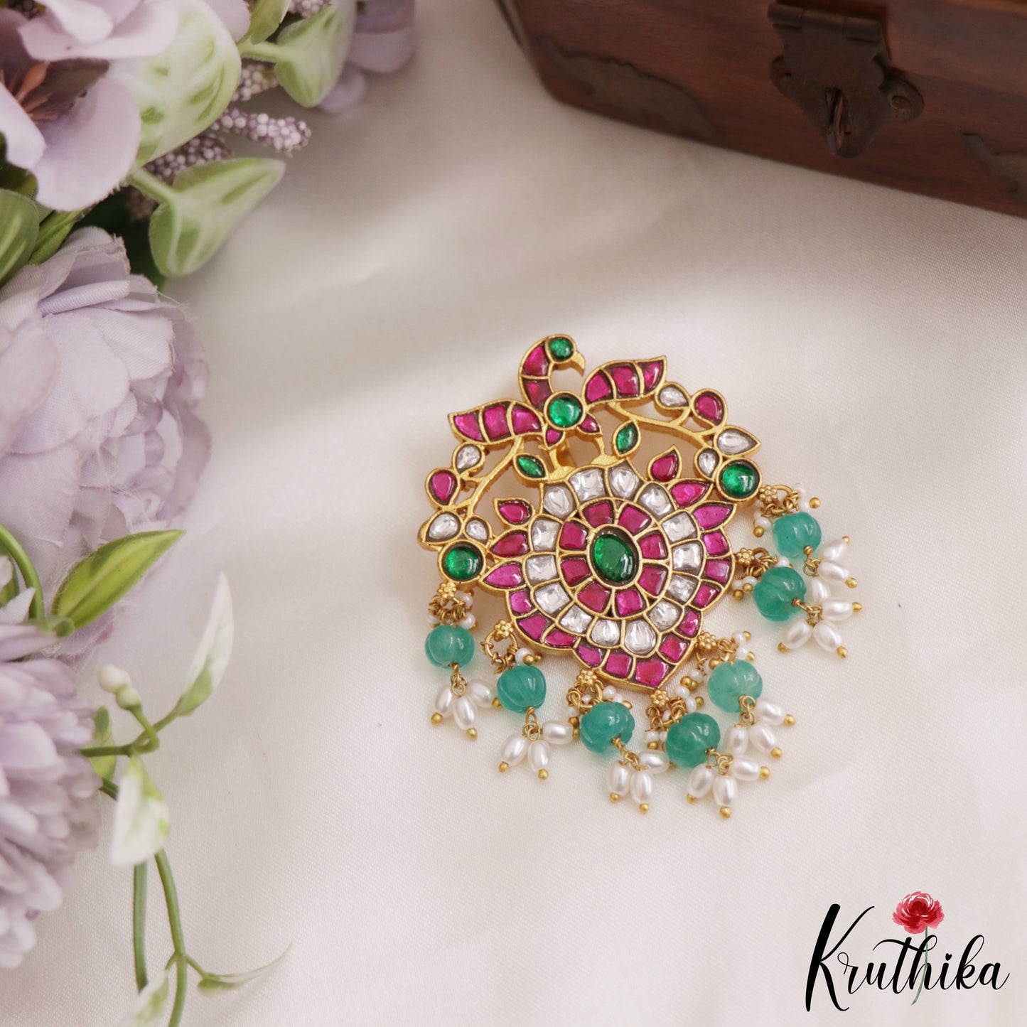 Beautiful Peacock Jadau Pendant With Pearl And Bead Drops PS256