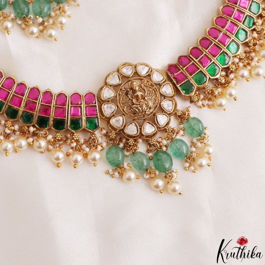 Grand Lakshmi Motifs Polki Jadau Choker With Pear Bead Drops NC3220