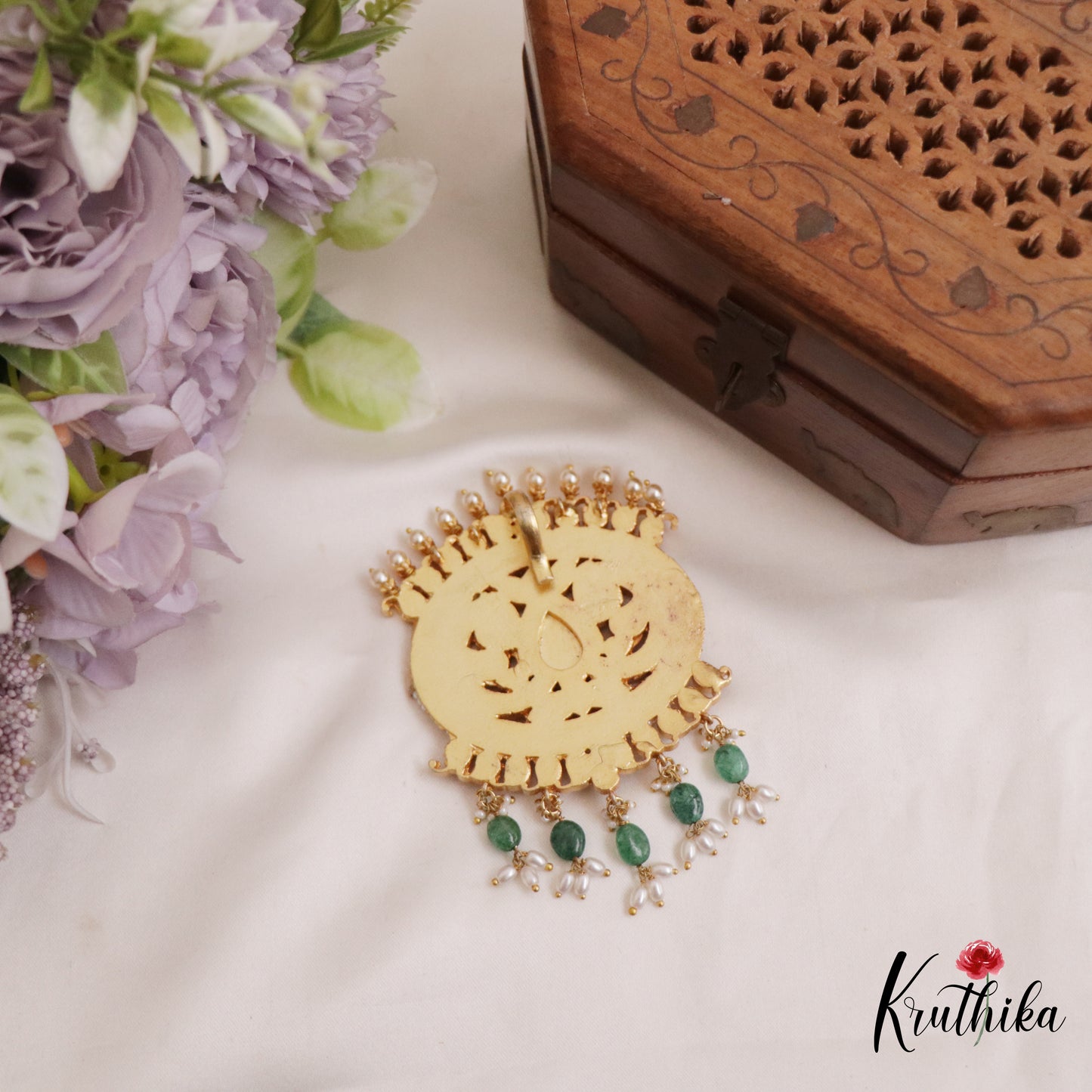 Stunning Mango Motifs Jadau Pendant With Pearl And Bead Drops PS259