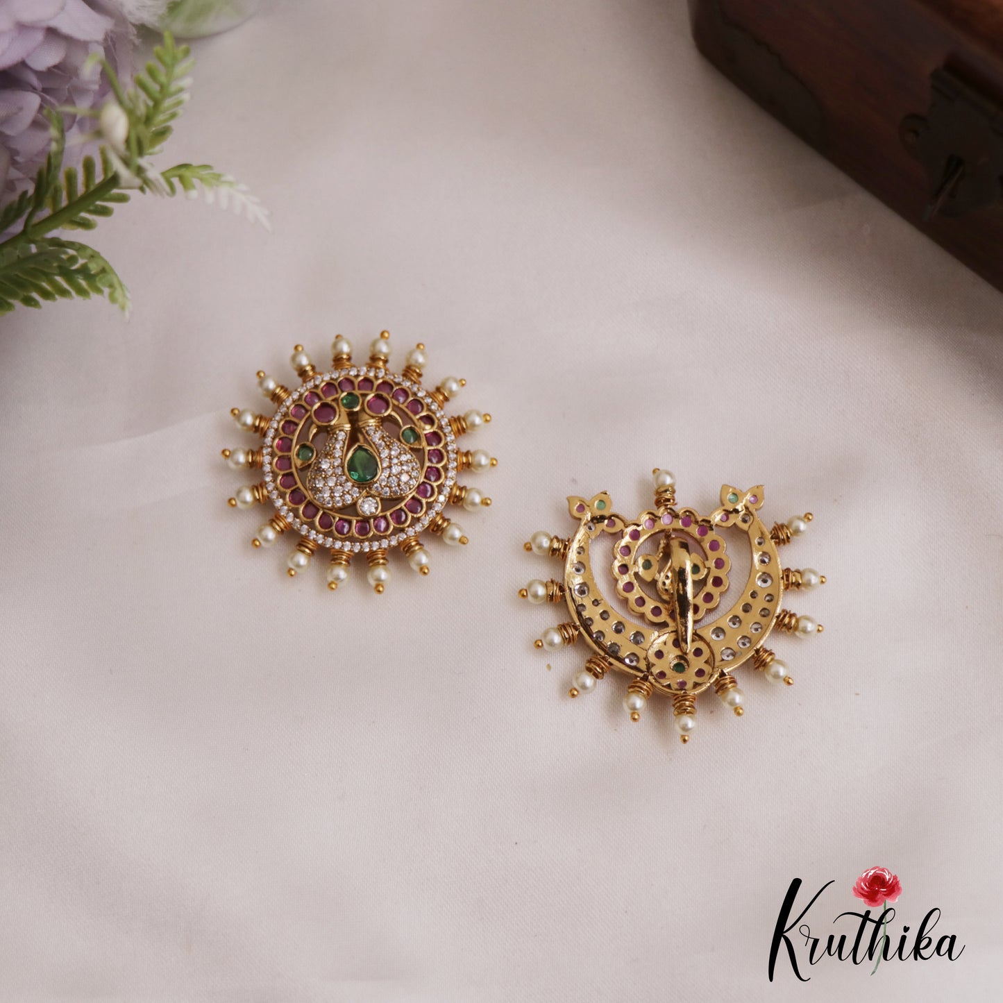 Sparkling Peacock Motifs Chandra Surya Jadau Hair Ornaments J359
