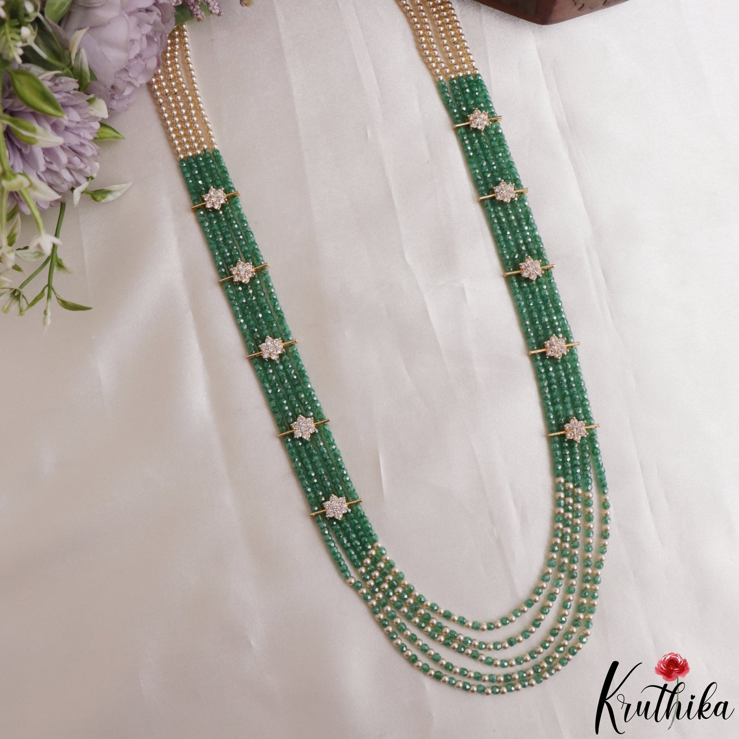 Sparkling Multi Layered crystal & Pearl statement Haaram with floral accents LH2081 (Available In 16 Colors)