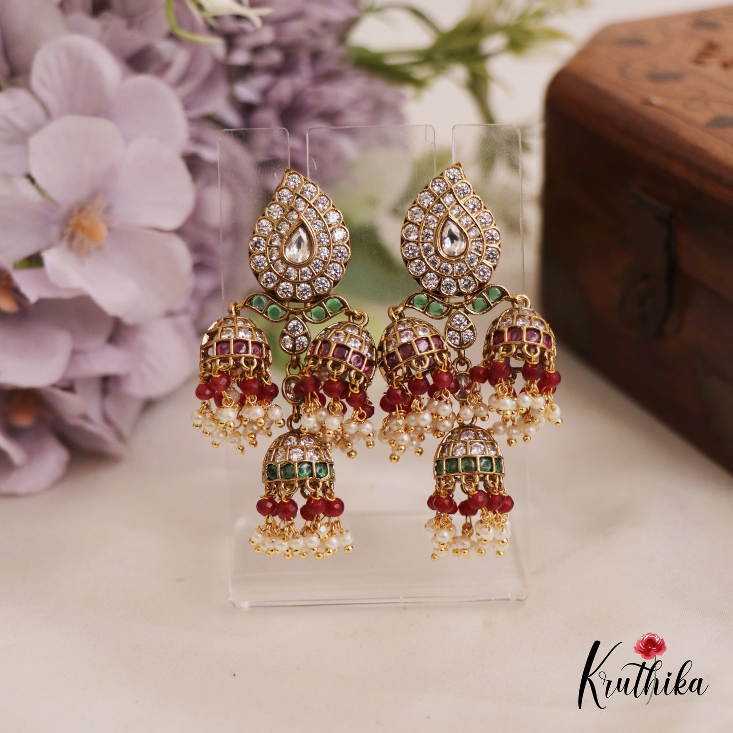 Stunning AD Mango Motifs Jadau Jhumka With Bead Drops E993 (Available In 2 Colors)