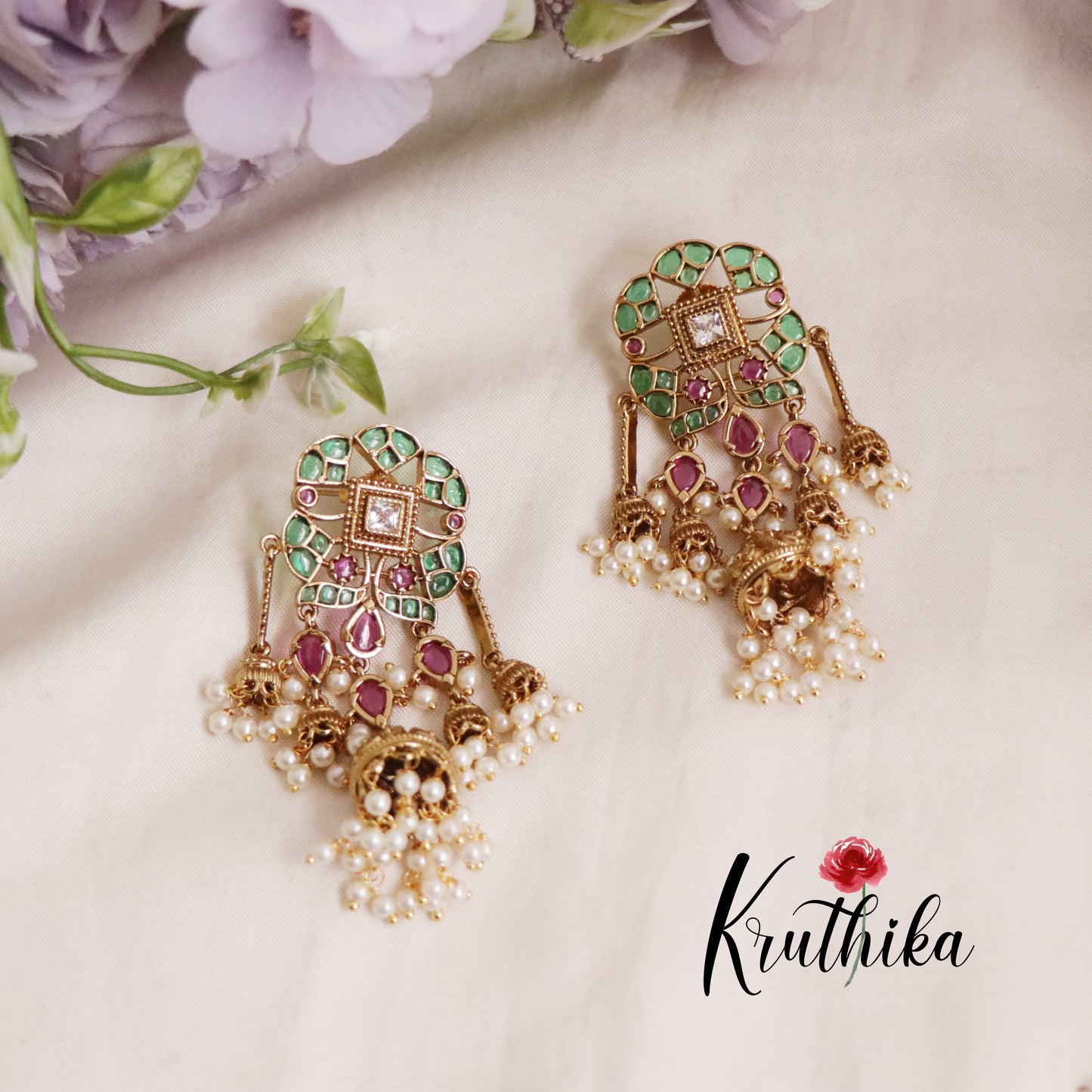 Trendy Emerald Ruby Jhumkas with Pearl Drops E624 (Available in 2 Colours)