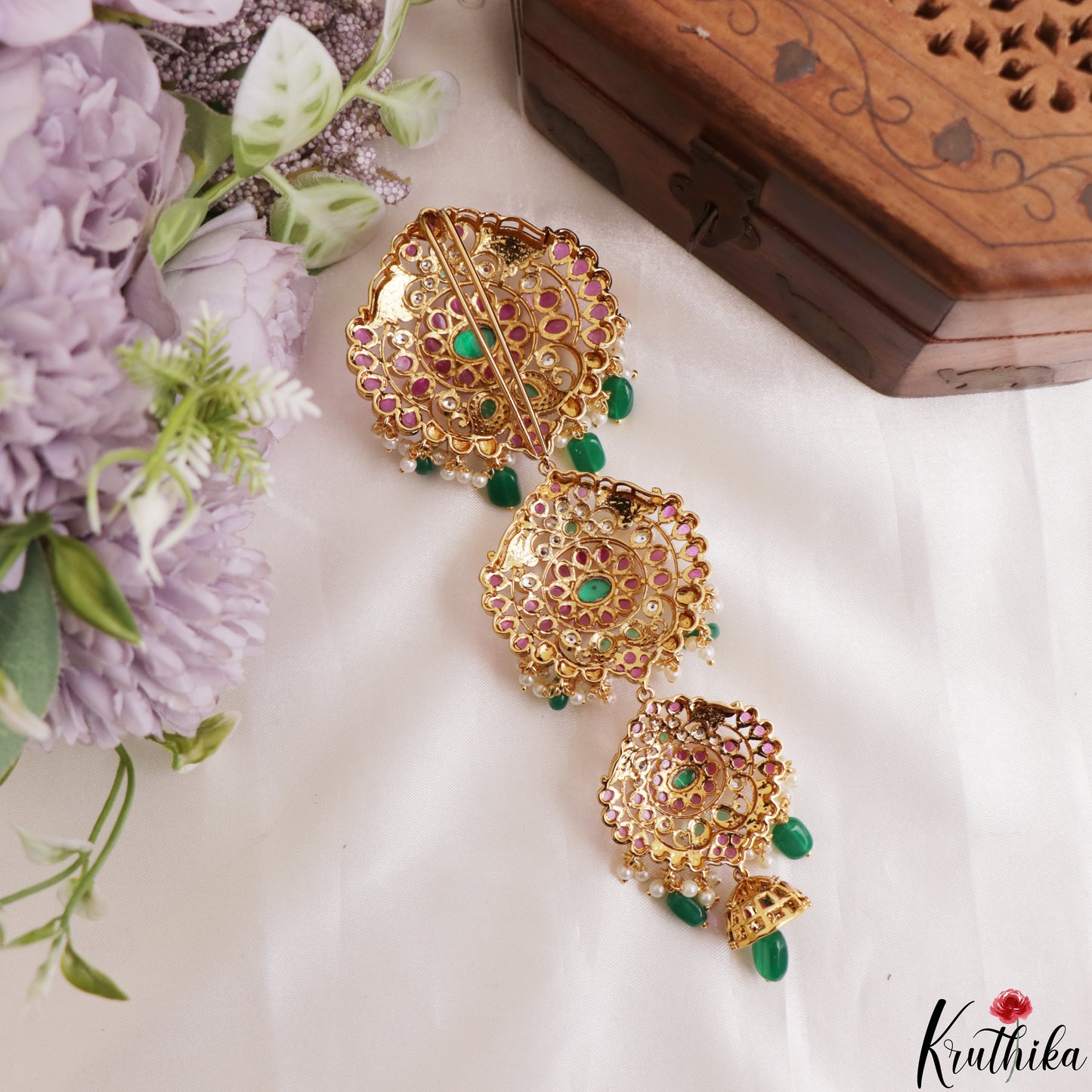 Premium Floral Motifs Kemp Jhumka Jada Billa With Green Bead Drops J434