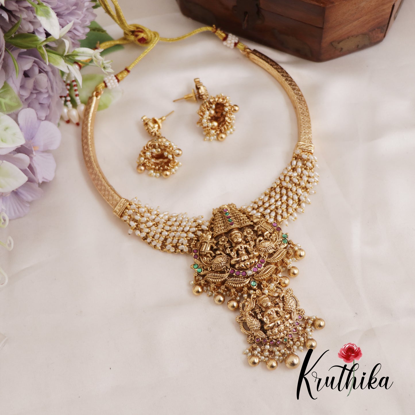 Premium Antique Nagas Lakshmi Necklace With Two Interchangeable Pendants With Golden Bead Drops NC2597
