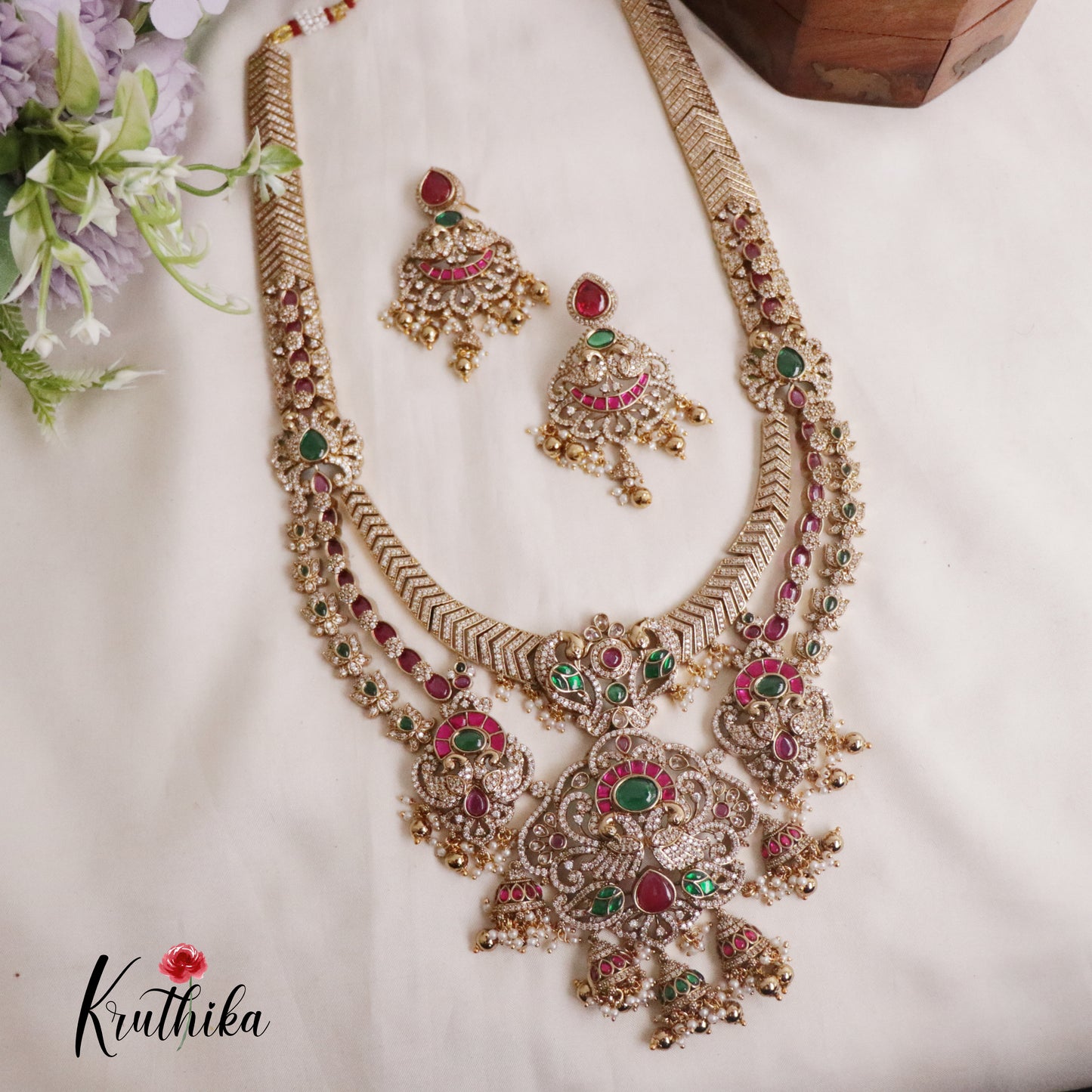 Royal Bridal Peacock Antique Jadau Haaram and Jhumka Drops LH1937 (Available in 2 Colours)
