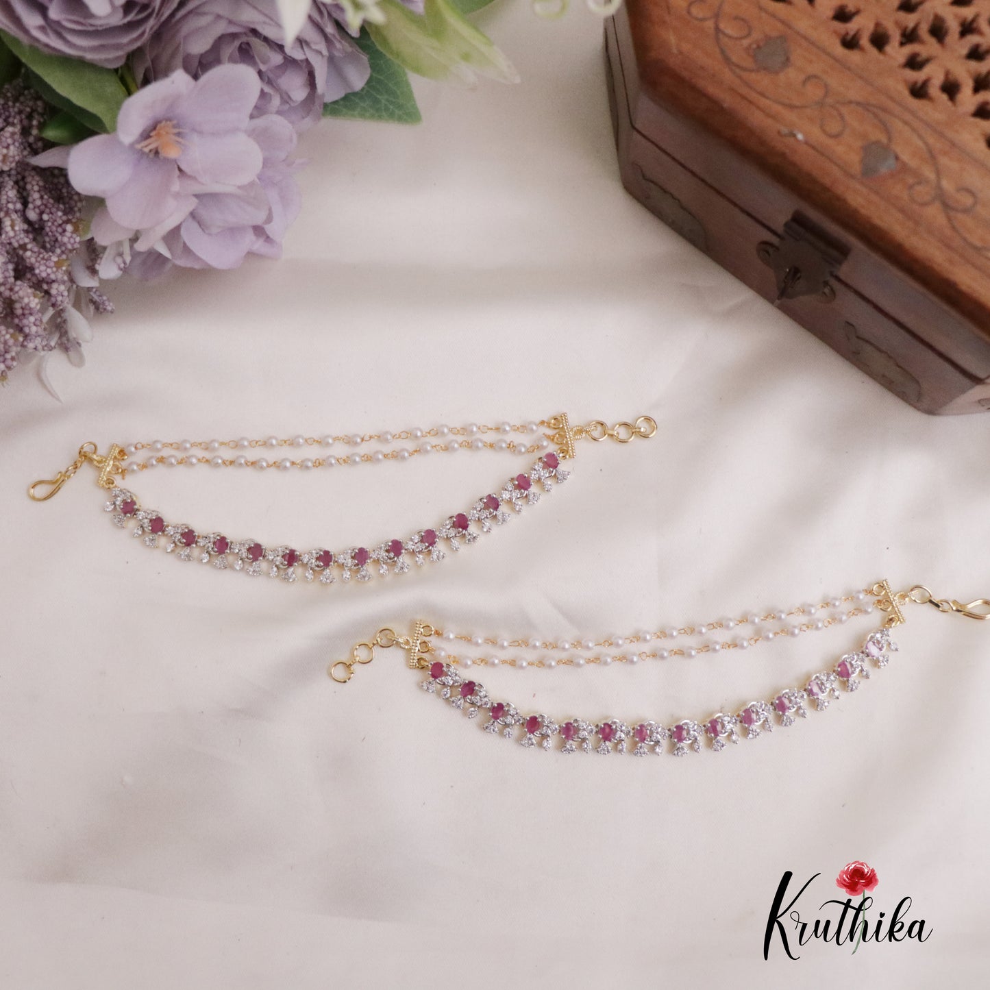 Trendy CZ Sparkling Floral Three Layer Earchains EC117 (Available in 2 Colors)