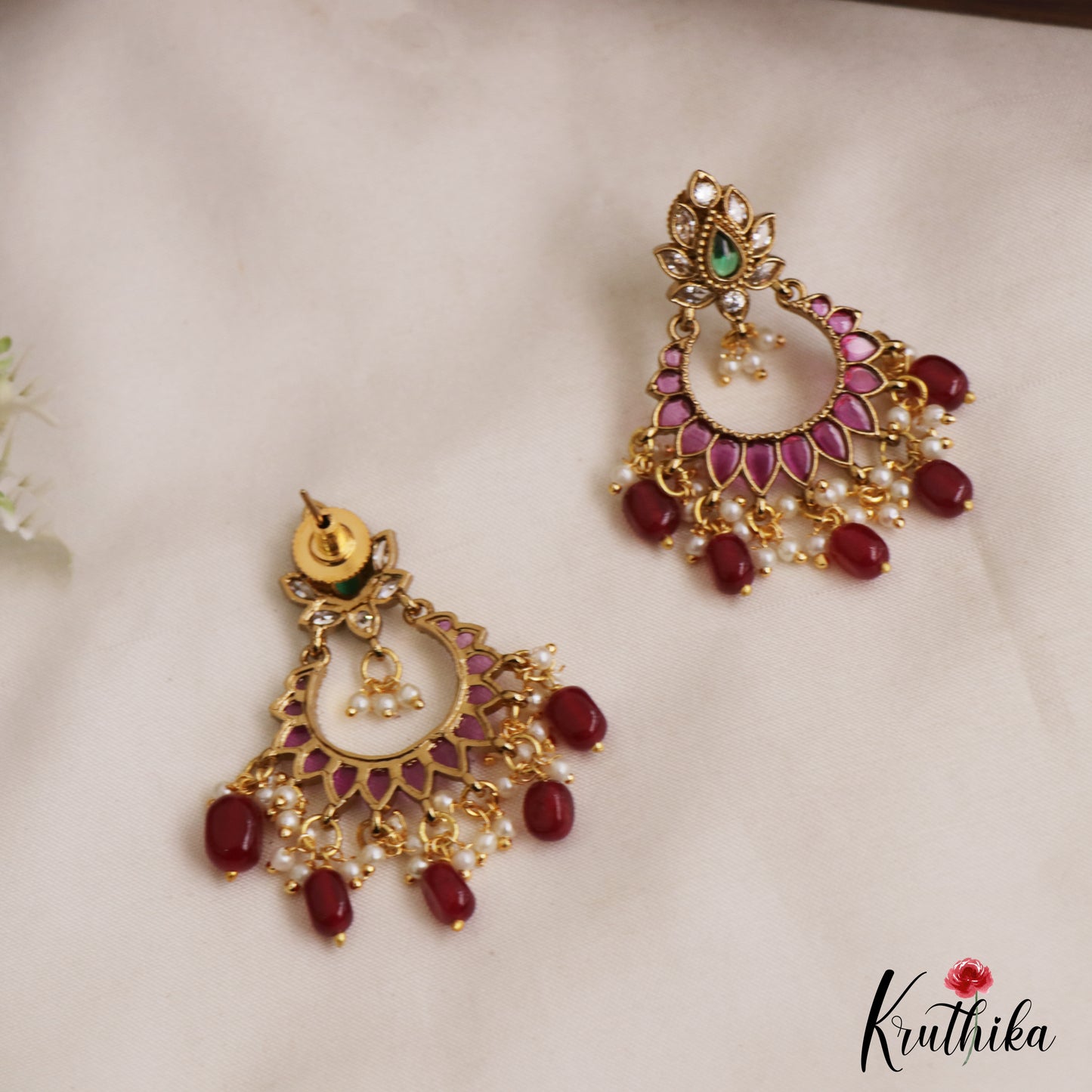 Pretty Floral Motifs Chandbali Earrings With Bead Drops E1092 (Available In 2 Colors)