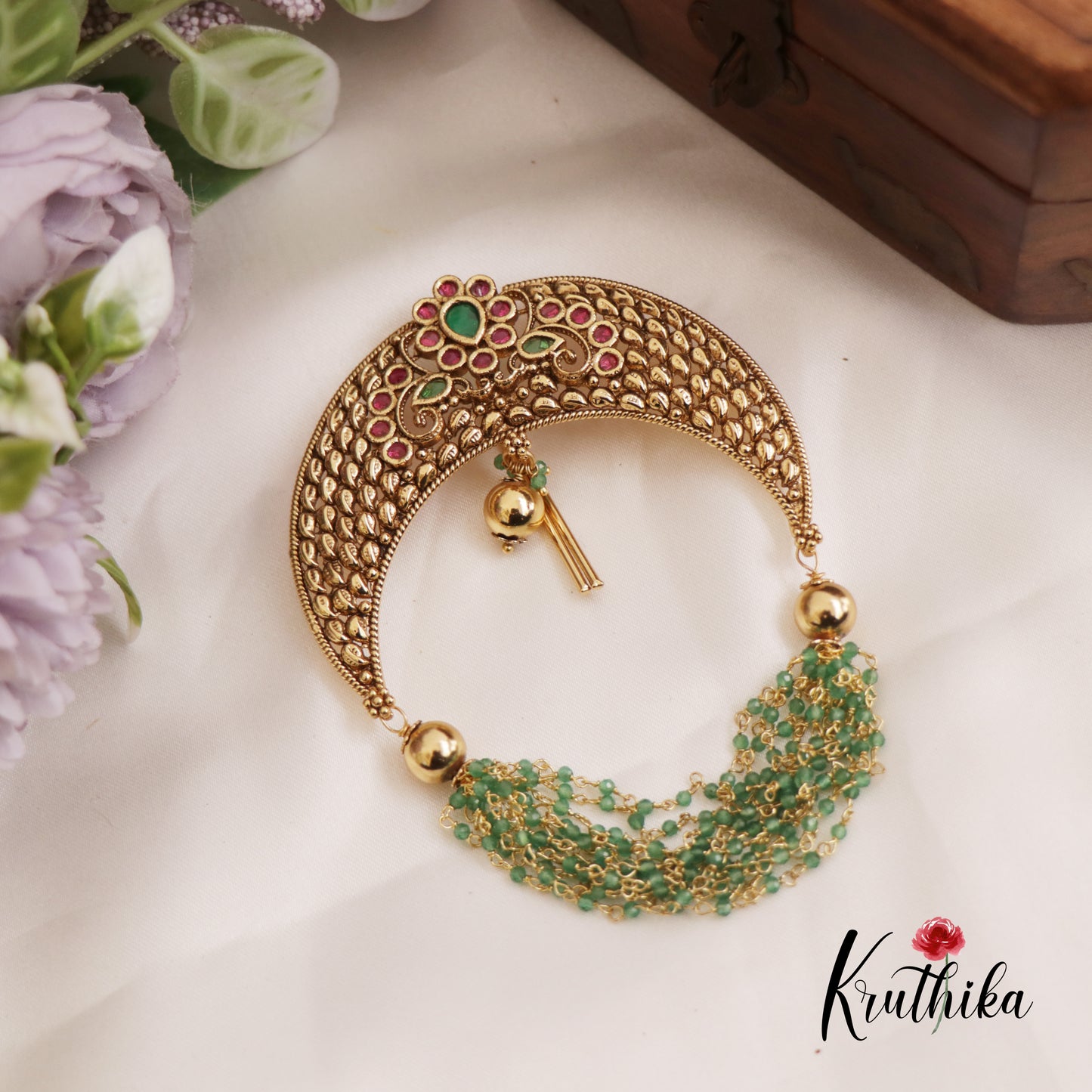 Beautiful Floral Motifs Jada Billa With Multi Bead Strands J322 (Available In 2 Colors)
