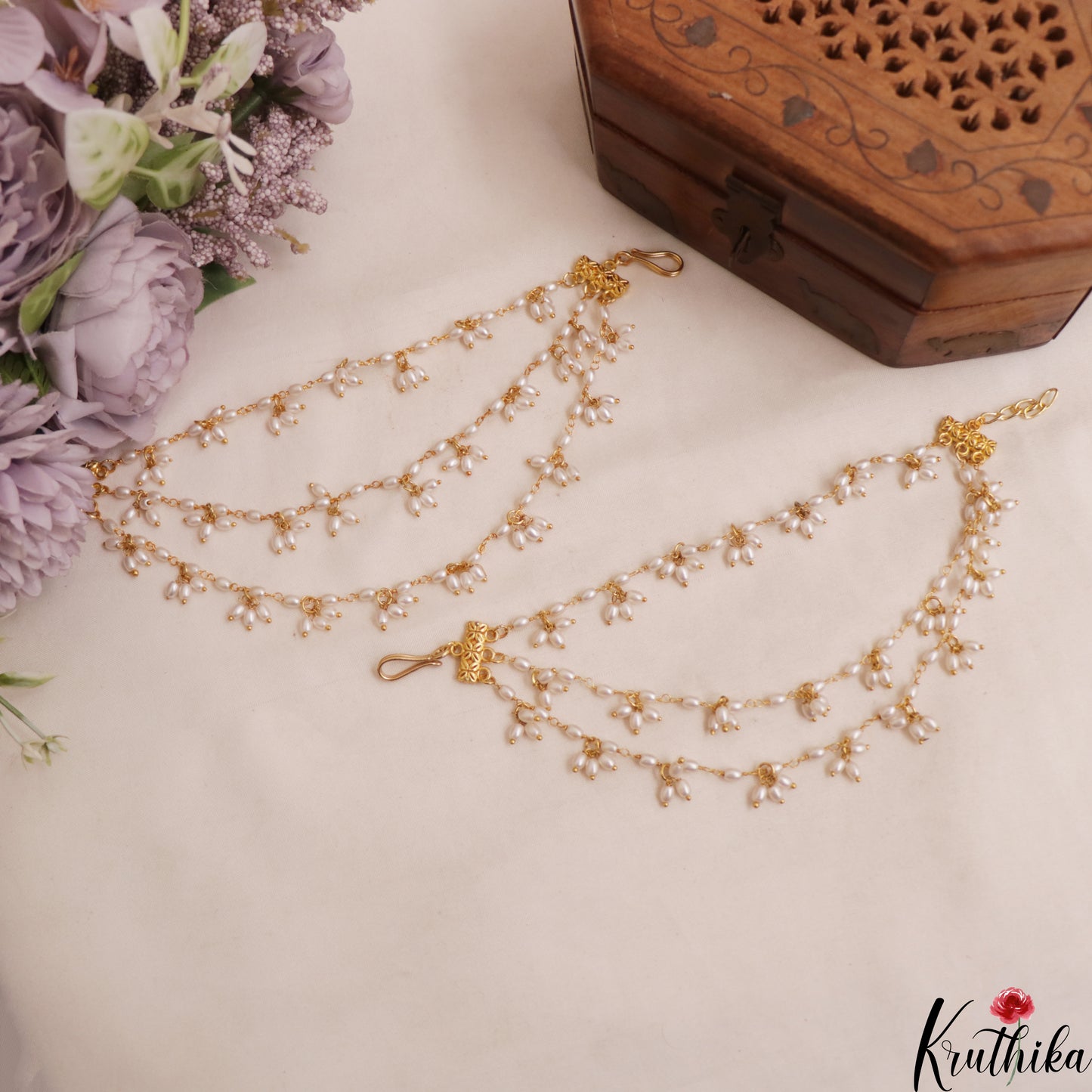 Elegant Triple Pearl Strand Earchains EC223