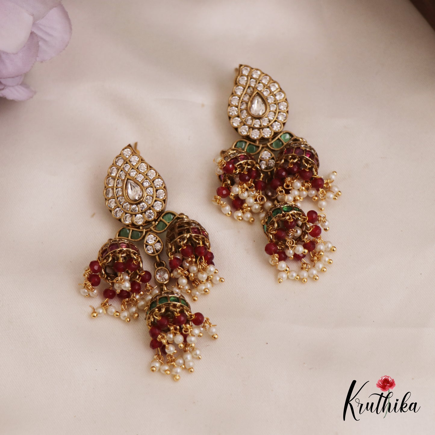 Stunning AD Mango Motifs Jadau Jhumka With Bead Drops E993 (Available In 2 Colors)