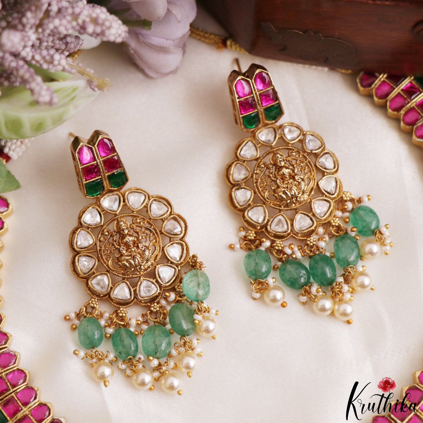 Grand Lakshmi Motifs Polki Jadau Choker With Pear Bead Drops NC3220