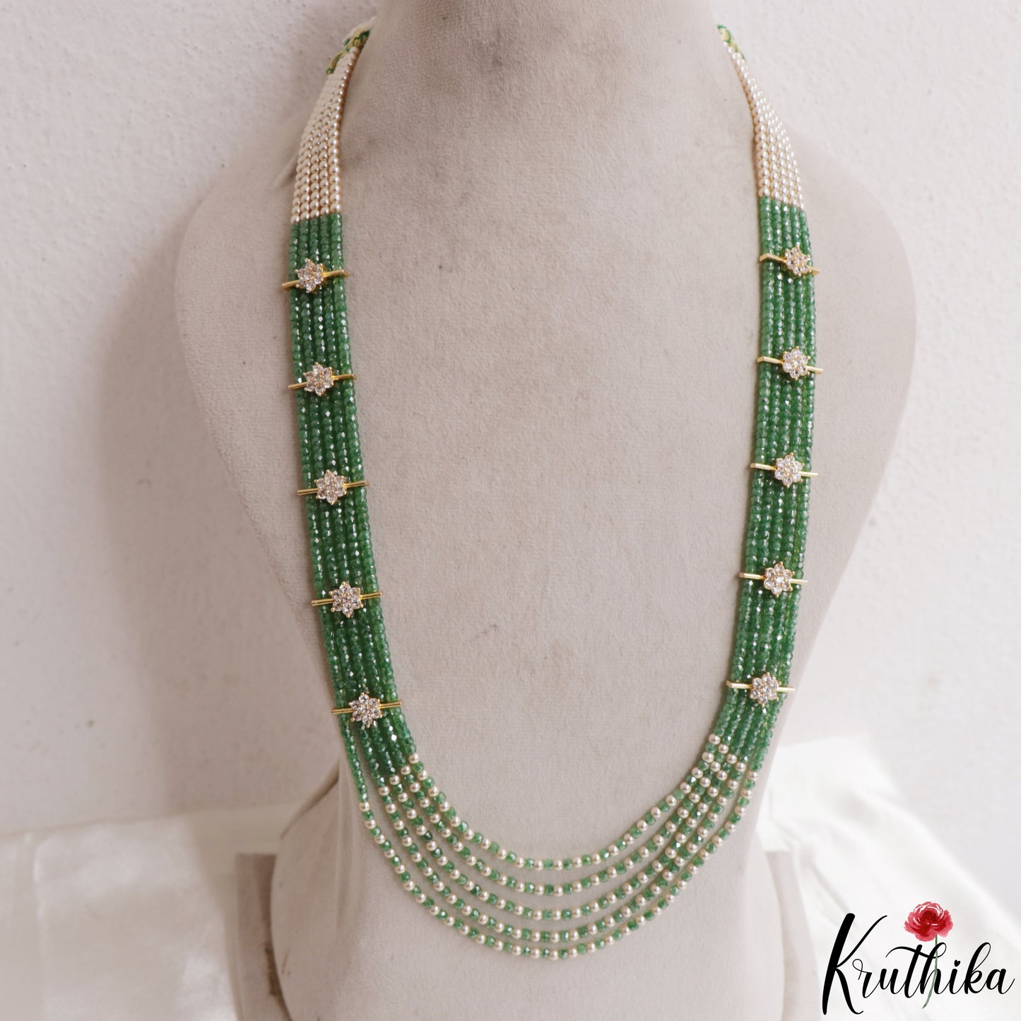 Sparkling Multi Layered crystal & Pearl statement Haaram with floral accents LH2081 (Available In 16 Colors)
