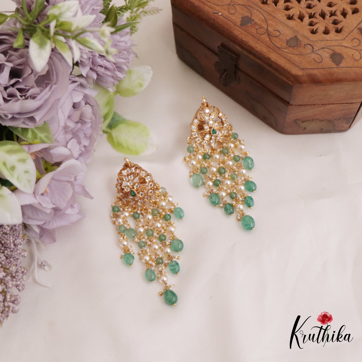 Pre order-Gorgeous AD Floral Earrings With Pearl And Bead Drops E895-pre order 10 days