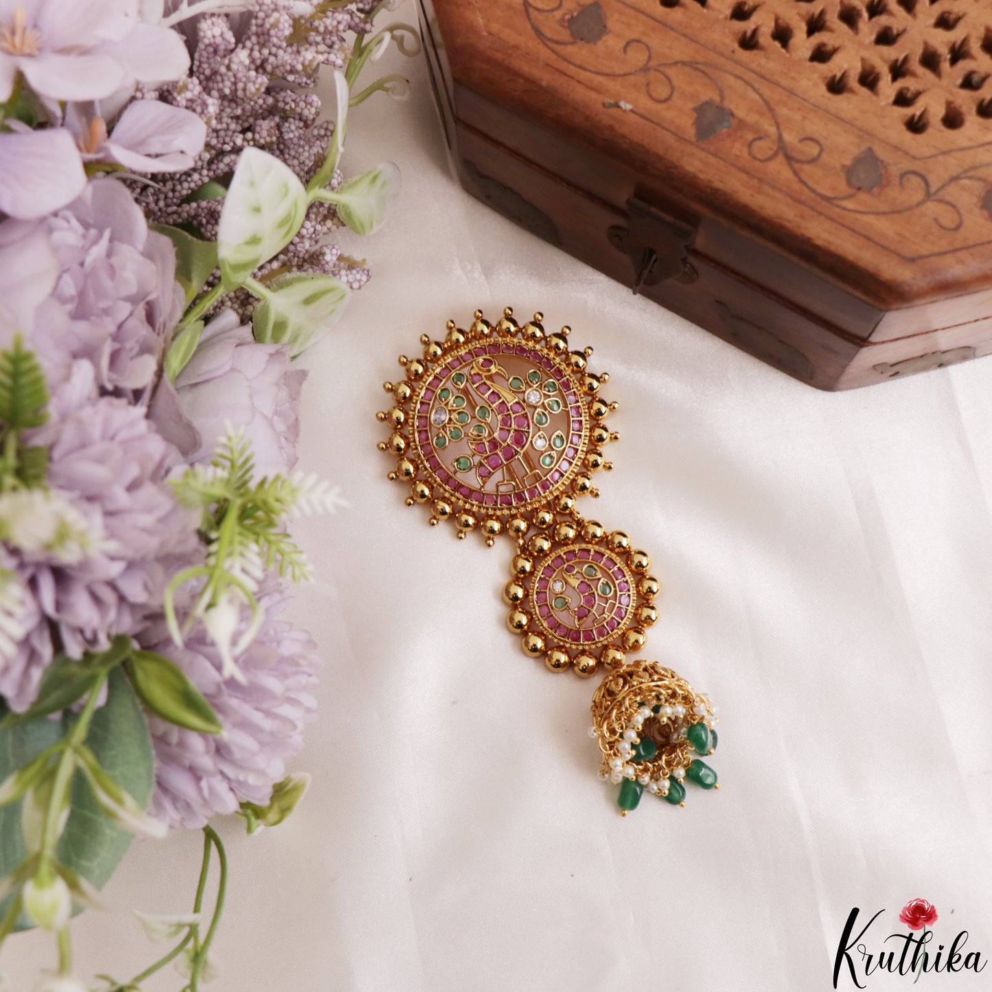 Stunning Kemp Peacock Motifs Jhumka Jada Billa With Bead Drops J435 (Available In 2 Colors)