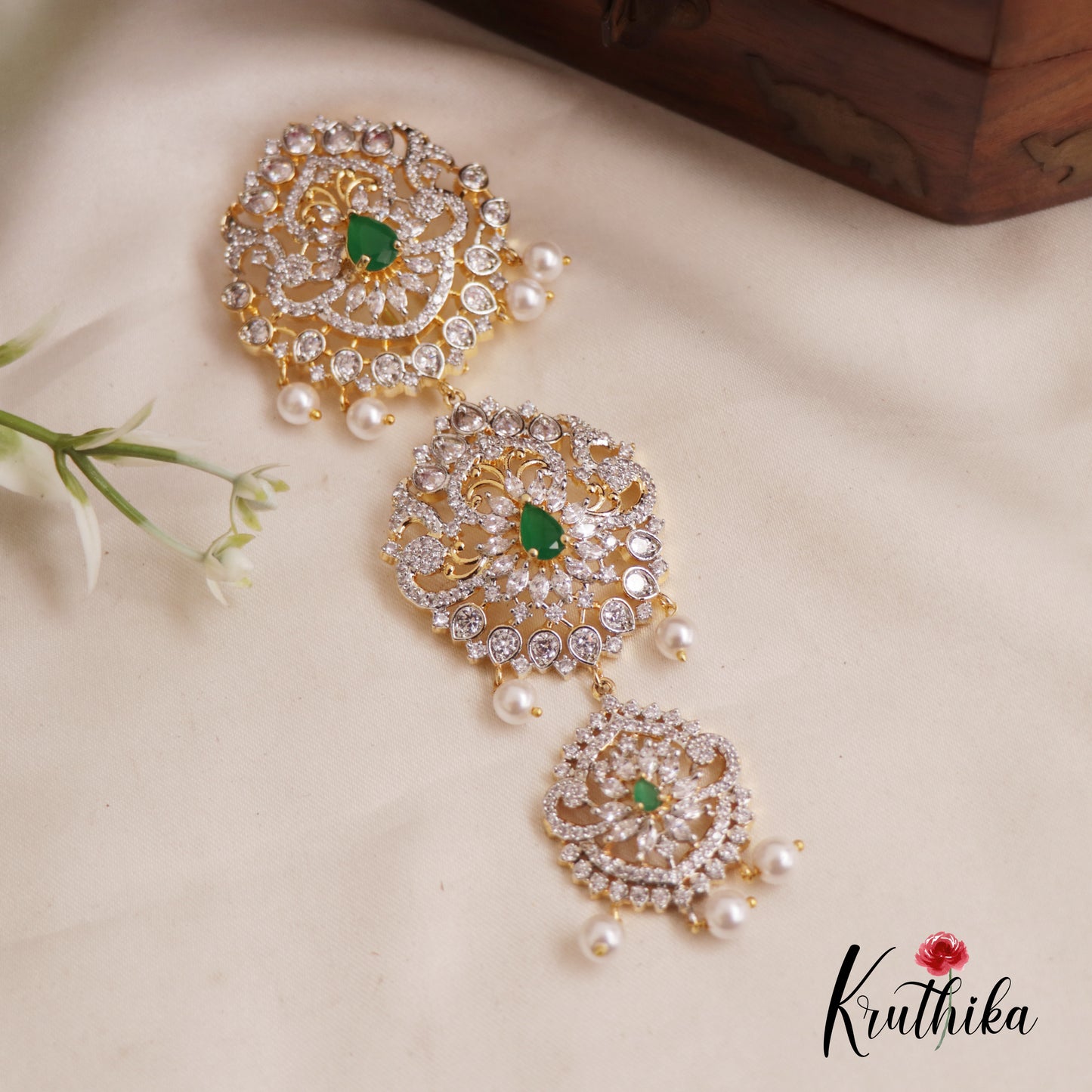 Elegant CZ Teardrop Sparkling Jada Billa With Pearl Drops J267