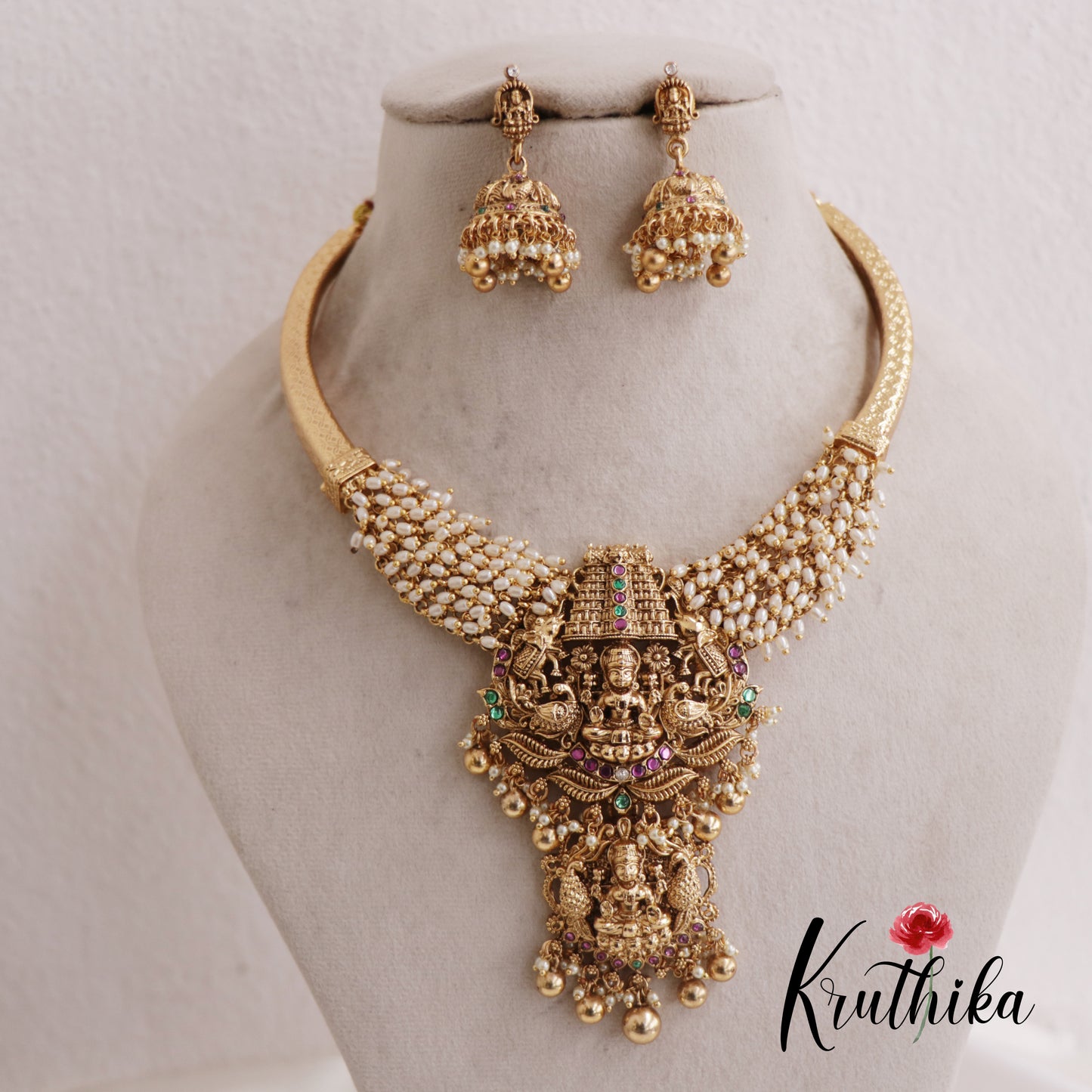 Premium Antique Nagas Lakshmi Necklace With Two Interchangeable Pendants With Golden Bead Drops NC2597