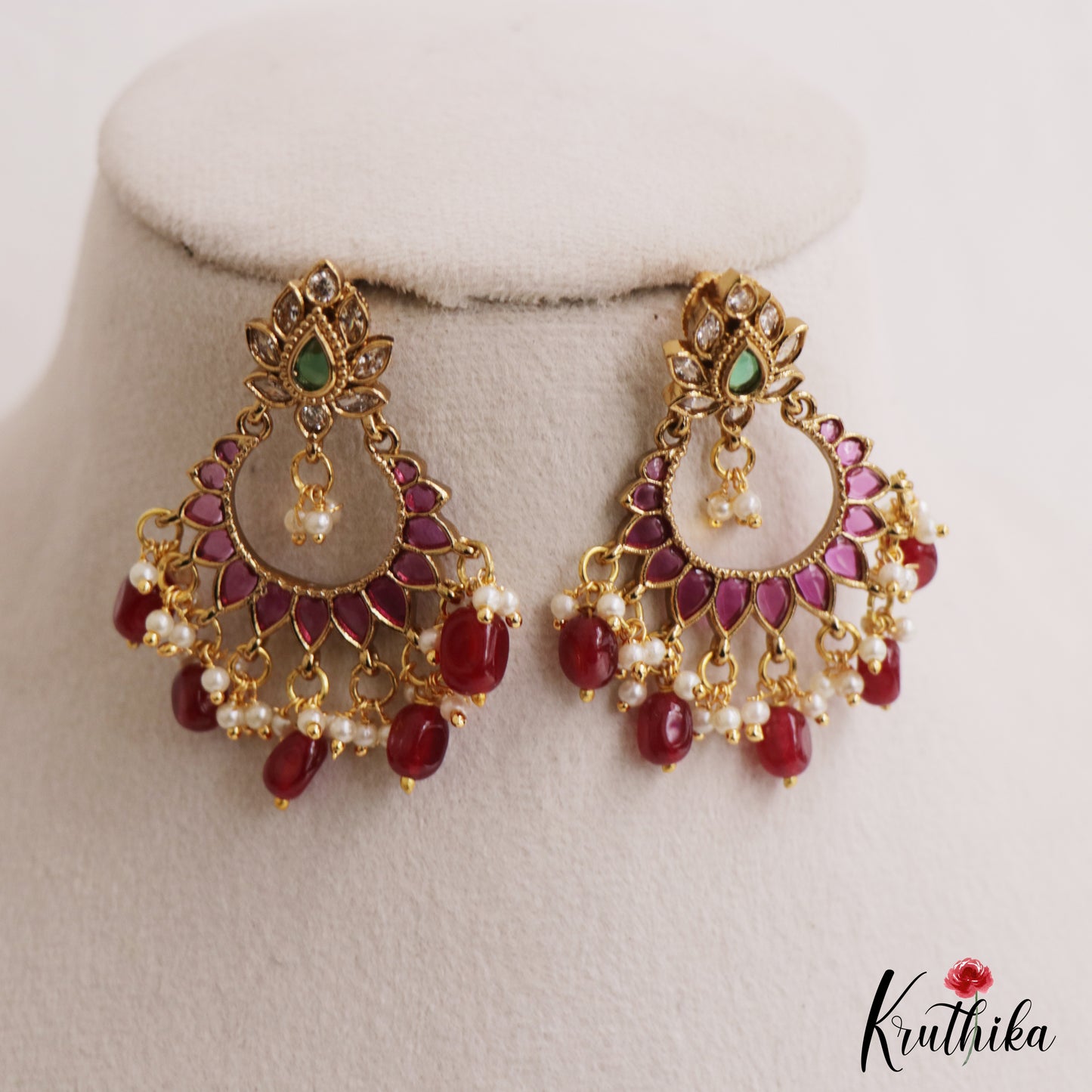 Pretty Floral Motifs Chandbali Earrings With Bead Drops E1092 (Available In 2 Colors)