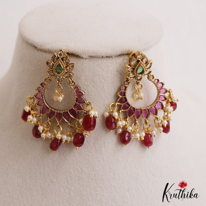 Pretty Floral Motifs Chandbali Earrings With Bead Drops E1092 (Available In 2 Colors)