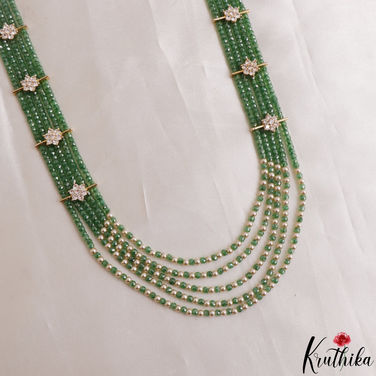 Sparkling Multi Layered crystal & Pearl statement Haaram with floral accents LH2081 (Available In 16 Colors)