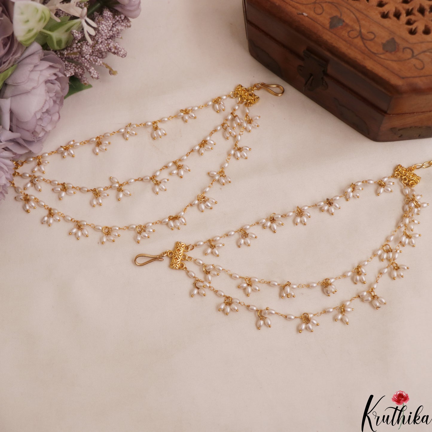 Elegant Triple Pearl Strand Earchains EC223