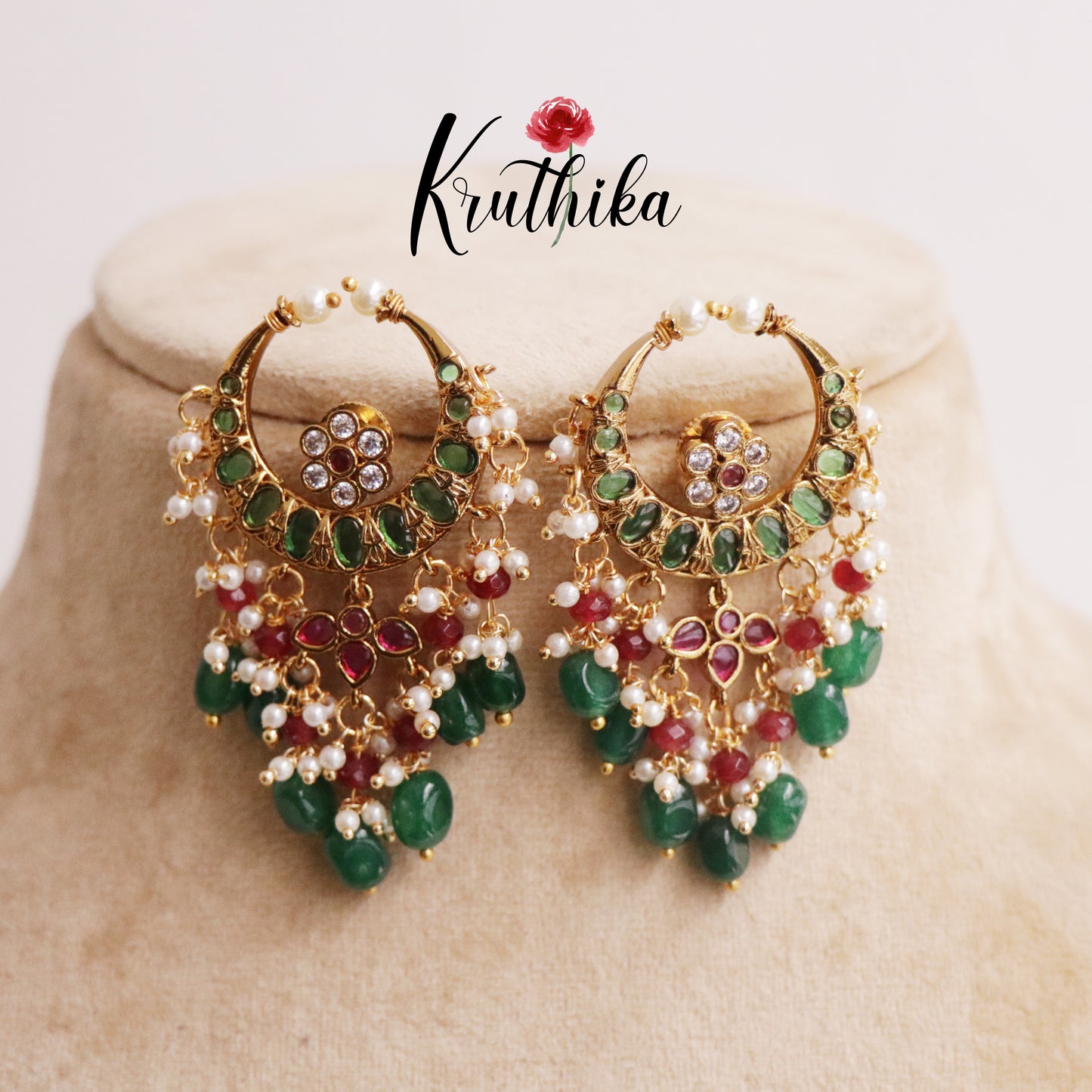 Beautiful Chand Bali Earrings with Beads Drops E631 (Available in 2 Colors)