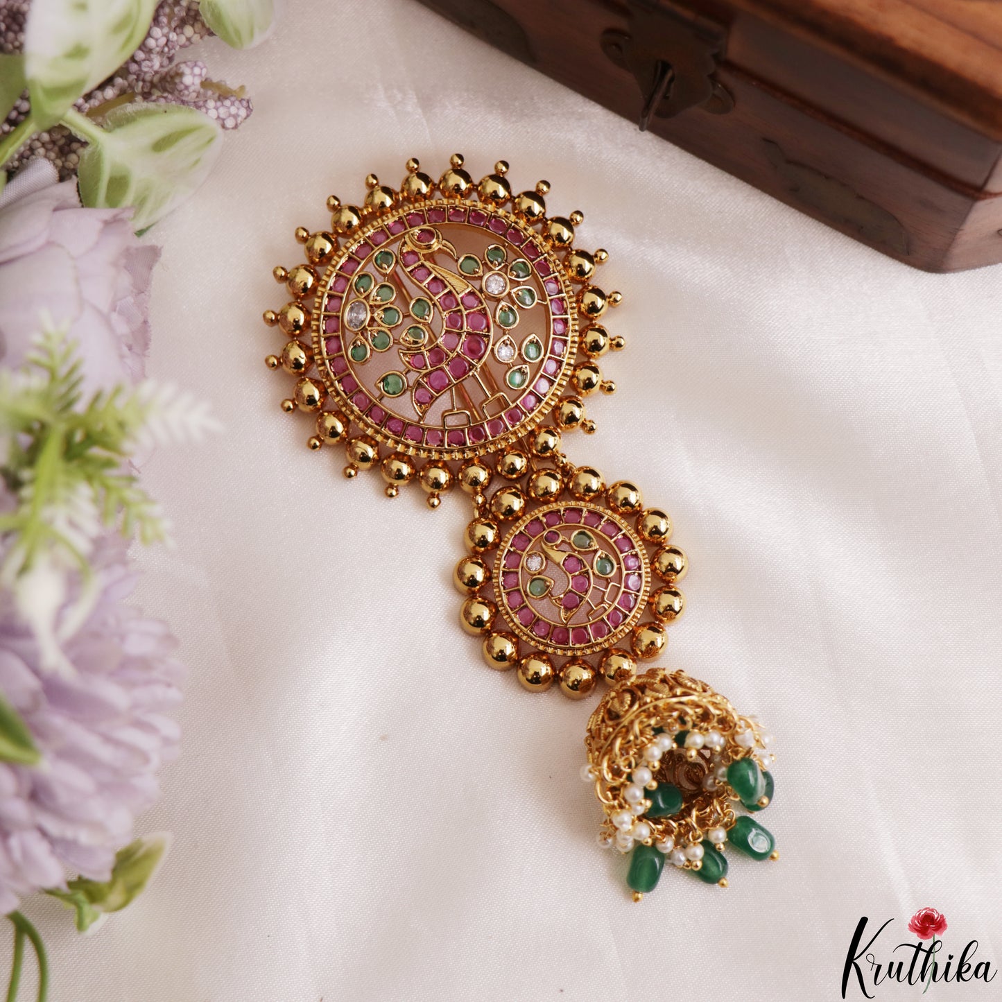 Stunning Kemp Peacock Motifs Jhumka Jada Billa With Bead Drops J435 (Available In 2 Colors)