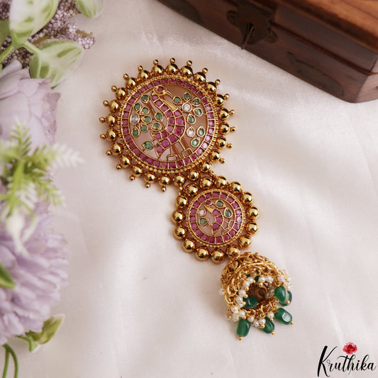 Stunning Kemp Peacock Motifs Jhumka Jada Billa With Bead Drops J435 (Available In 2 Colors)