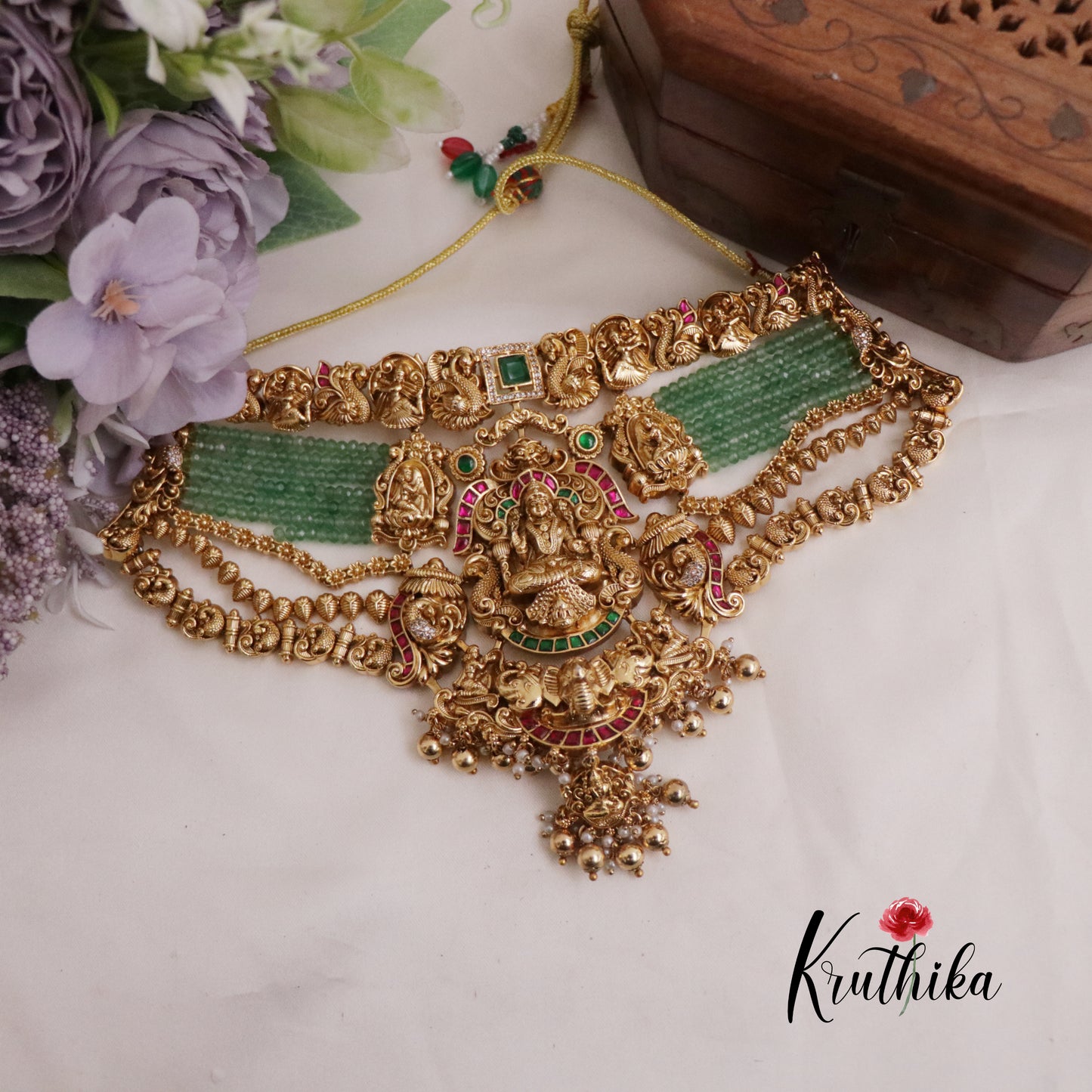 Grand Temple Lakshmi Jadau Choker with Golden Beads NC2290