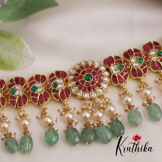 Stunning Floral Jadau Choker With Pearl And Bead Drops NC2598